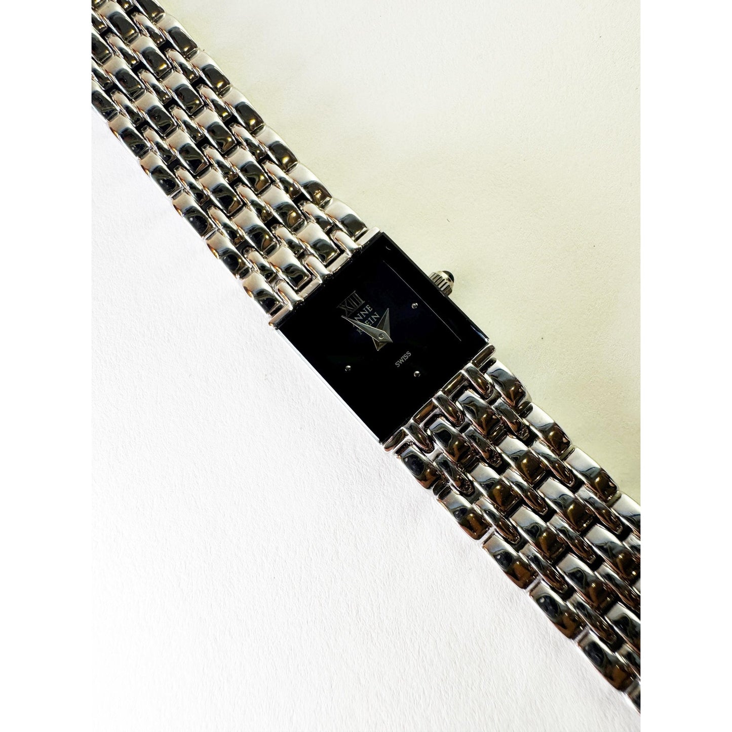 Vintage Silver Watch with Classic Design and Black Square Face l Anne Klein