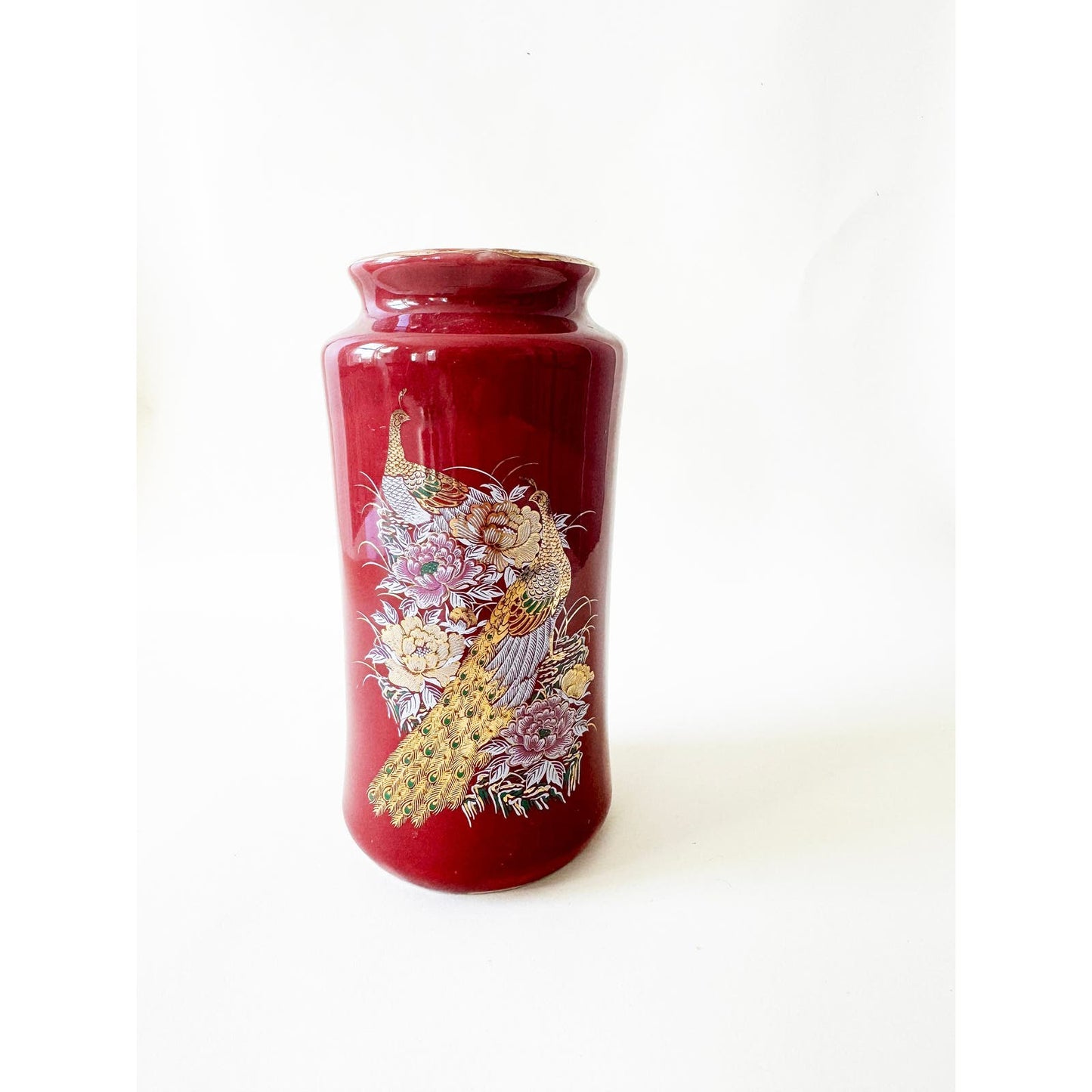 Vintage Maroon Ceramic Peacock Vase