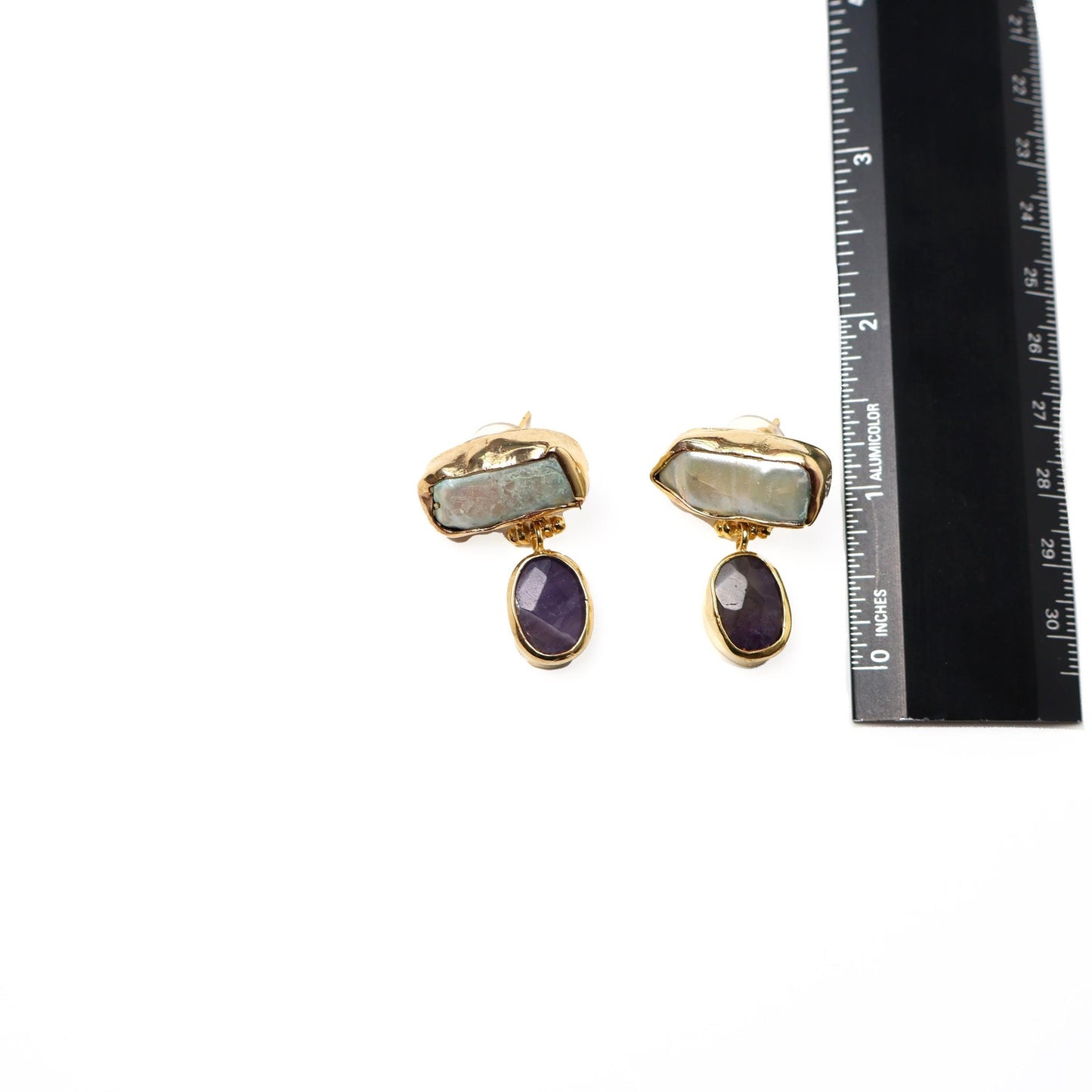 Eclectic Inventory Gold Toned Natural Stone Drop Earrings | Pearl and Amethyst Style