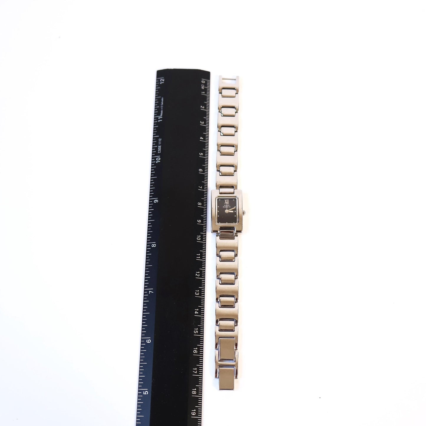 Vintage Silver Watch with Black Rectangle Face | ANNE KLEIN II