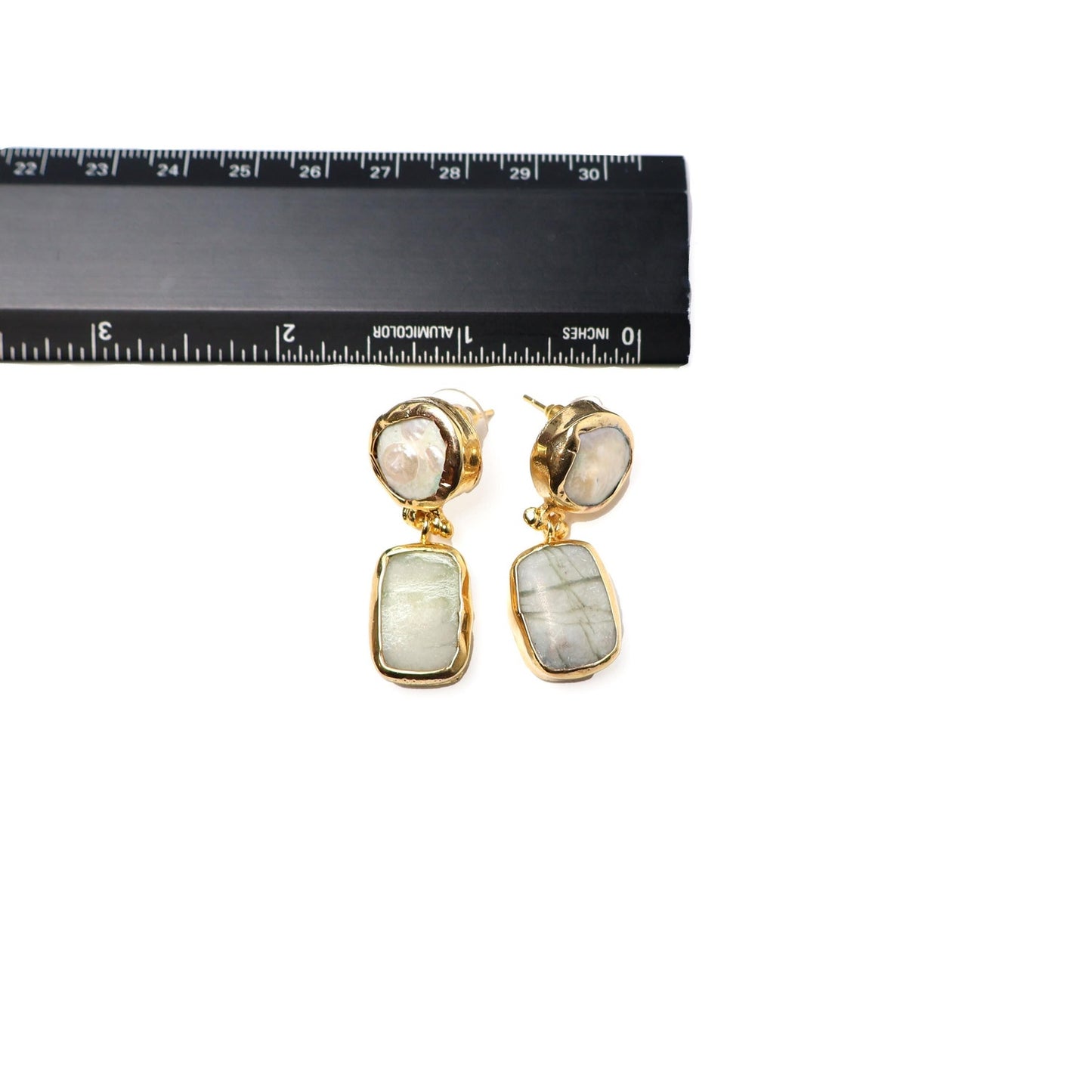 Eclectic Inventory Gold Toned Natural Stone Drop Earrings | Baroque Pearl and Agate Style