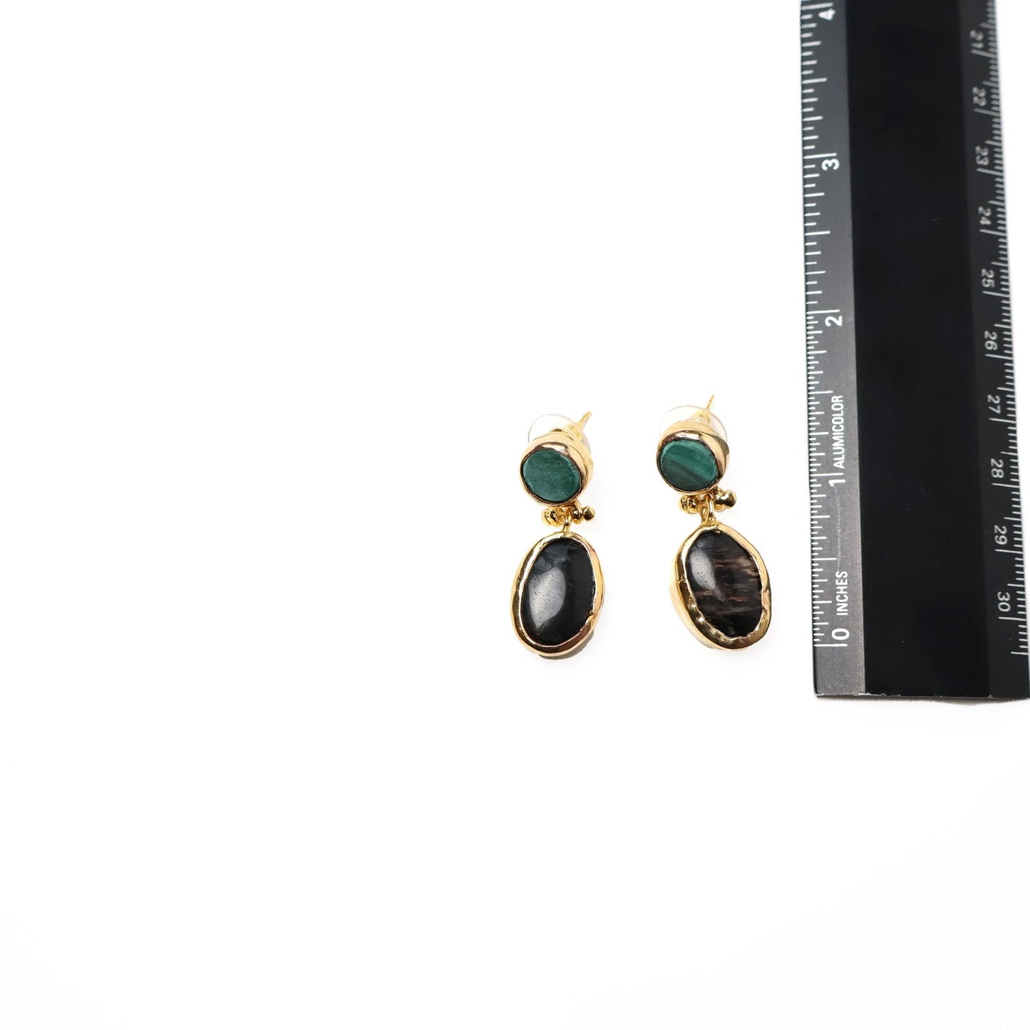 Eclectic Inventory Gold Toned Natural Stone Drop Earrings | Malachite and Onyx Style