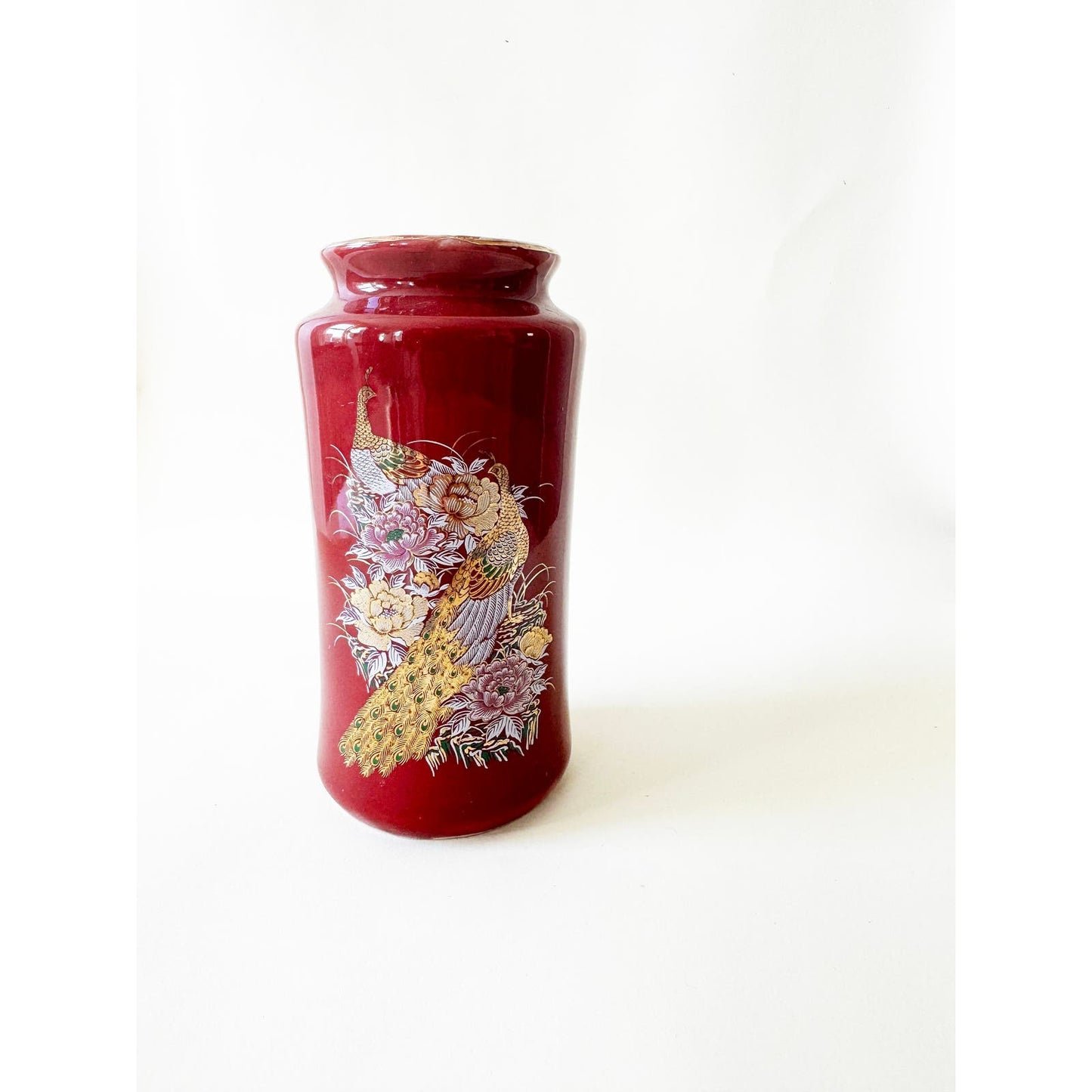 Vintage Maroon Ceramic Peacock Vase