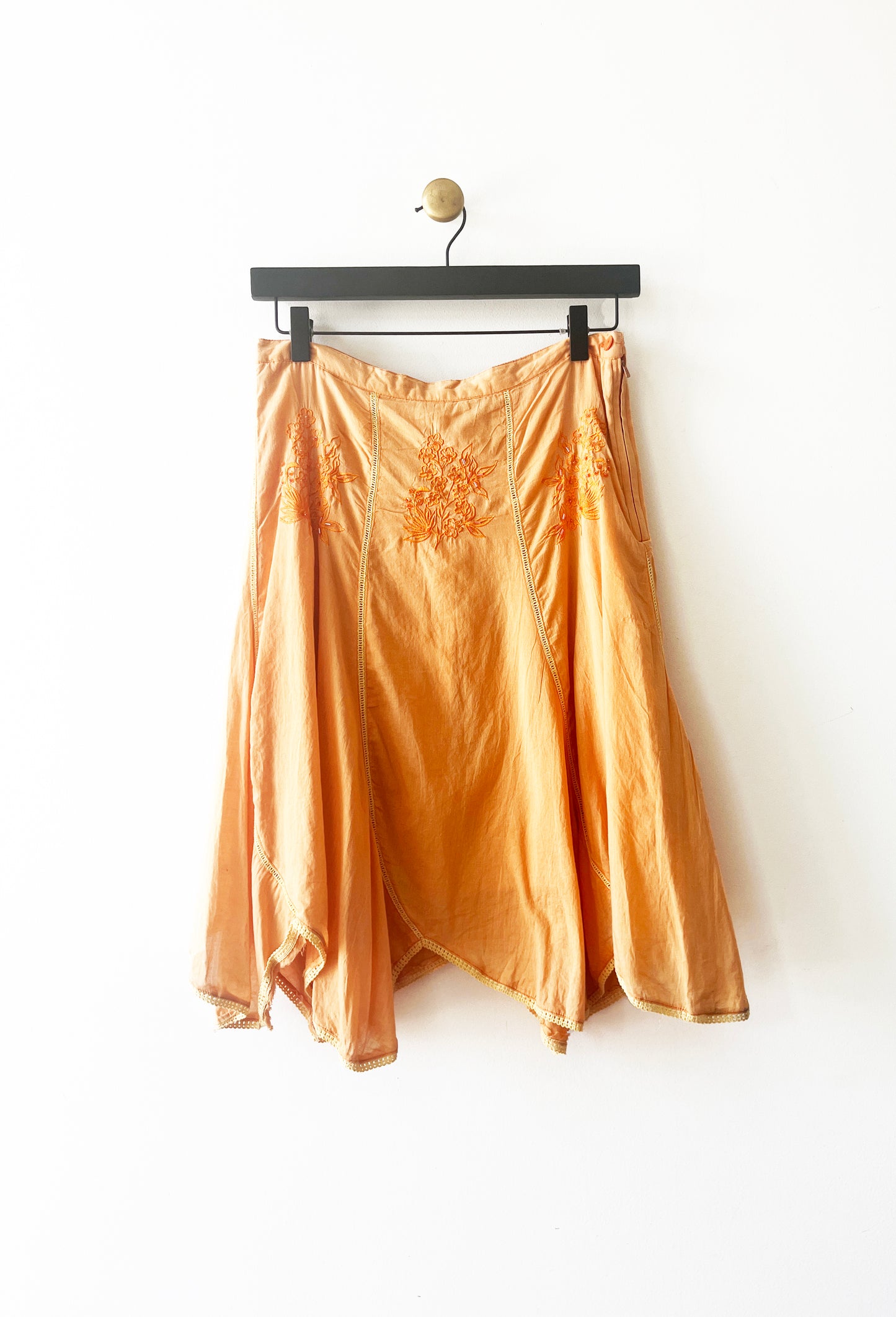 Vintage Boho Orange Floral Beaded Handkerchief Skirt