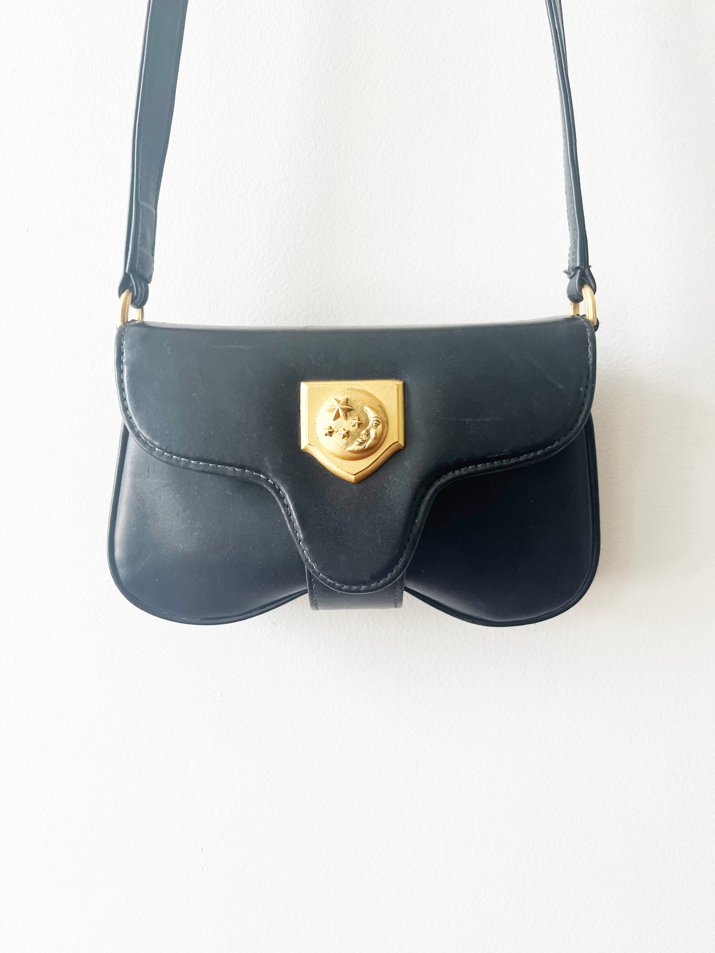 Vintage Vicenza Inc 1993 Black Leather Crossbody with Moon RARE