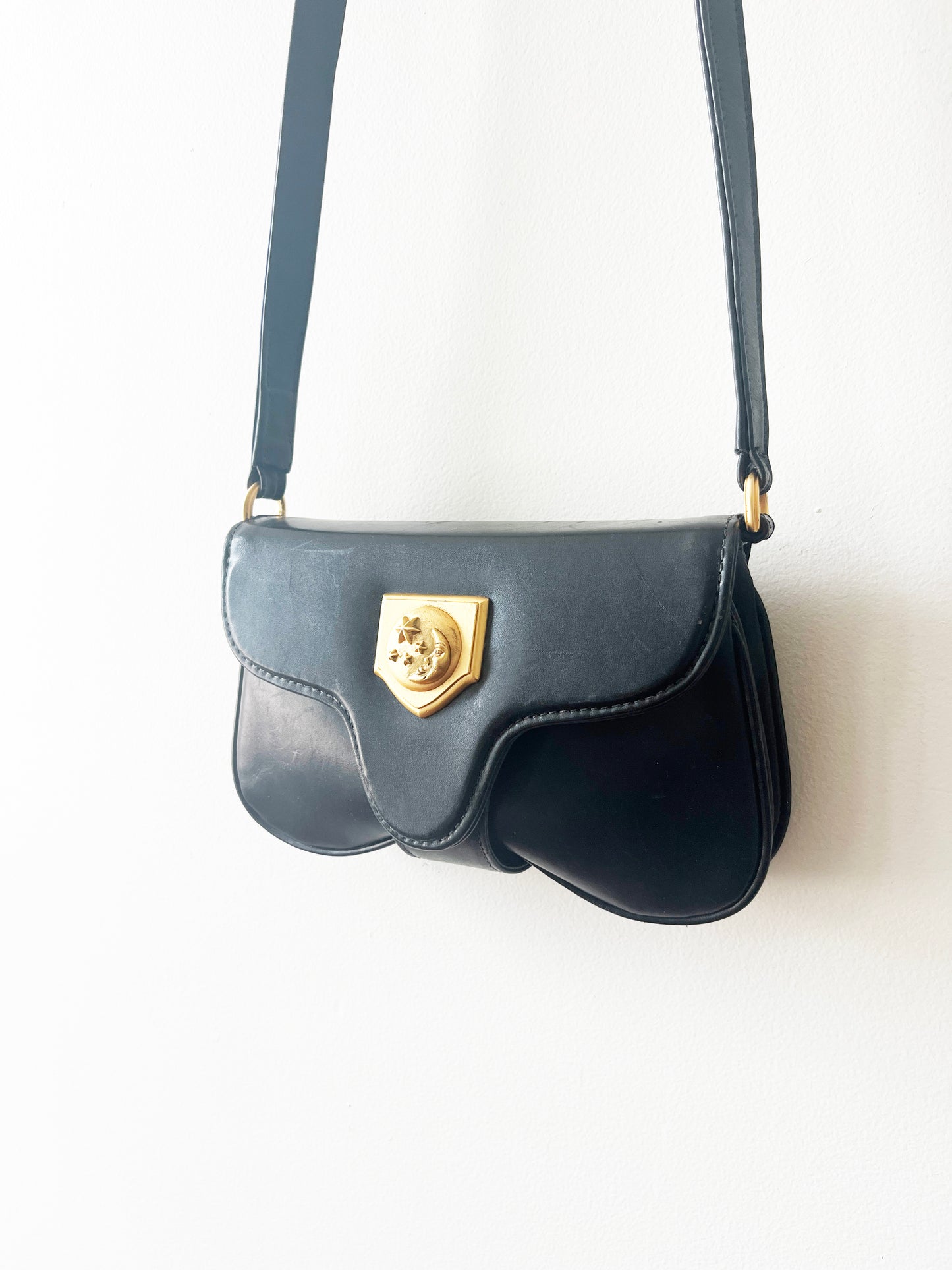 Vintage Vicenza Inc 1993 Black Leather Crossbody with Moon RARE