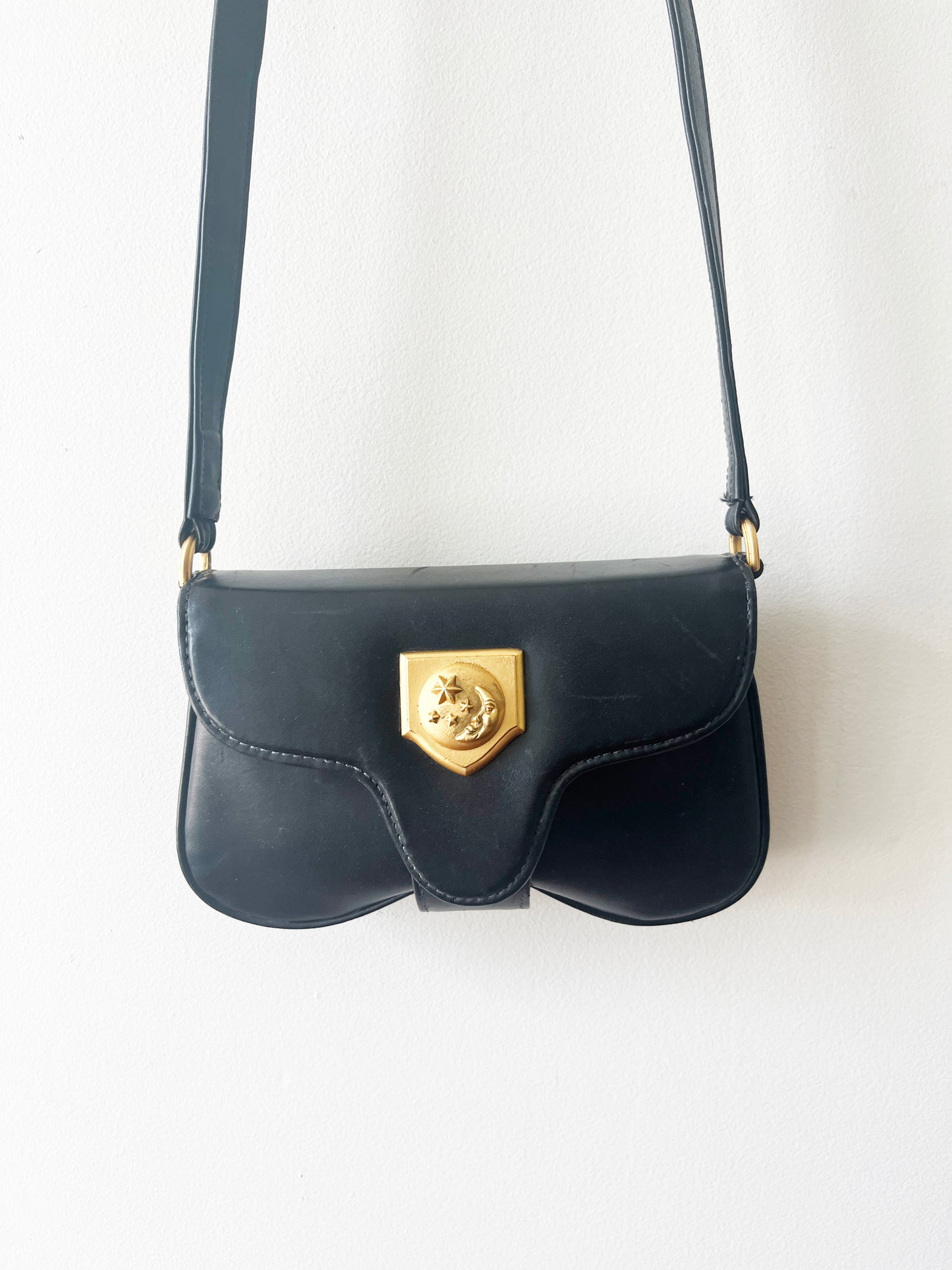 Vintage Vicenza Inc 1993 Black Leather Crossbody with Moon RARE