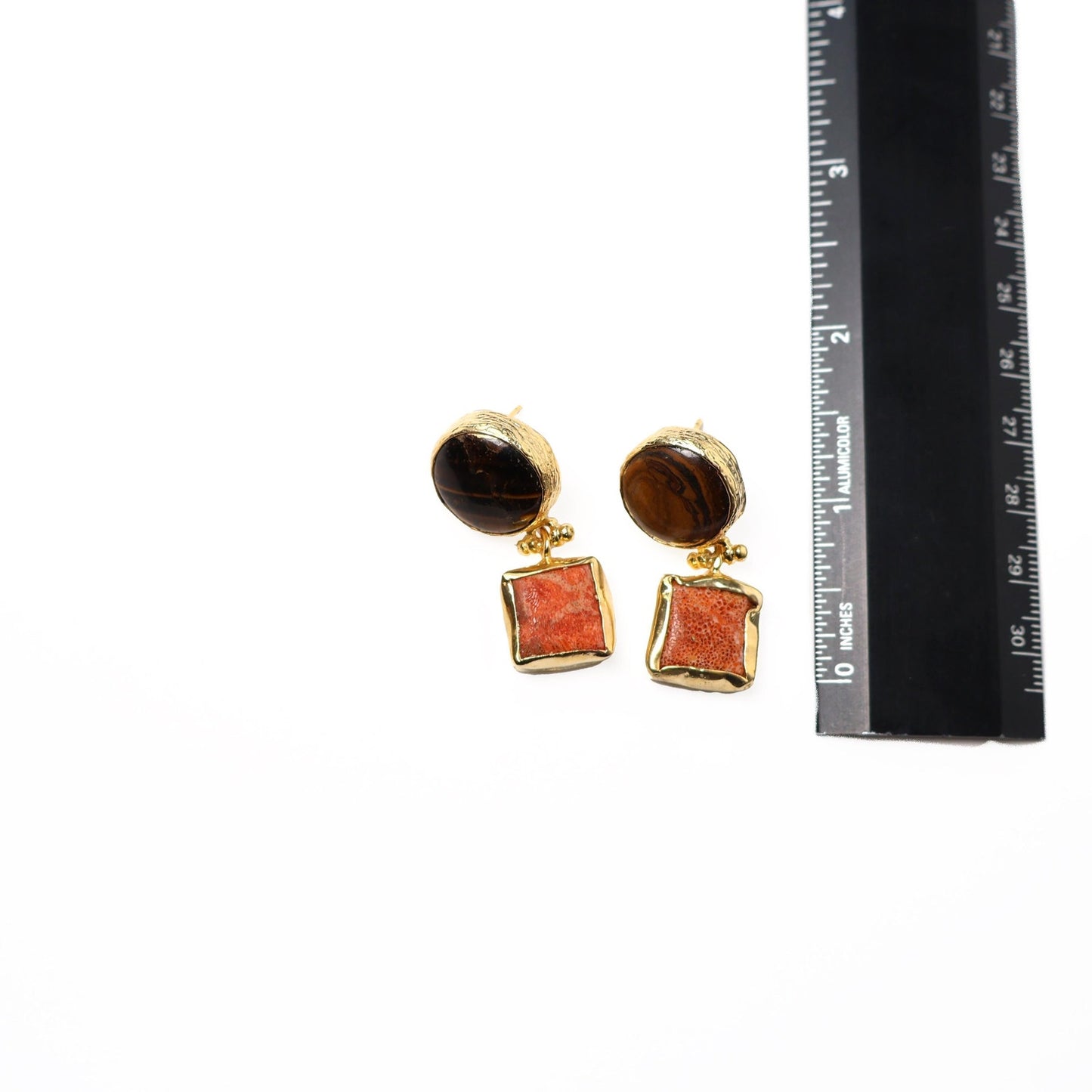 Eclectic Inventory Gold Toned Natural Stone Earrings with Pearl Drop | Tigers Eye and Coral Style