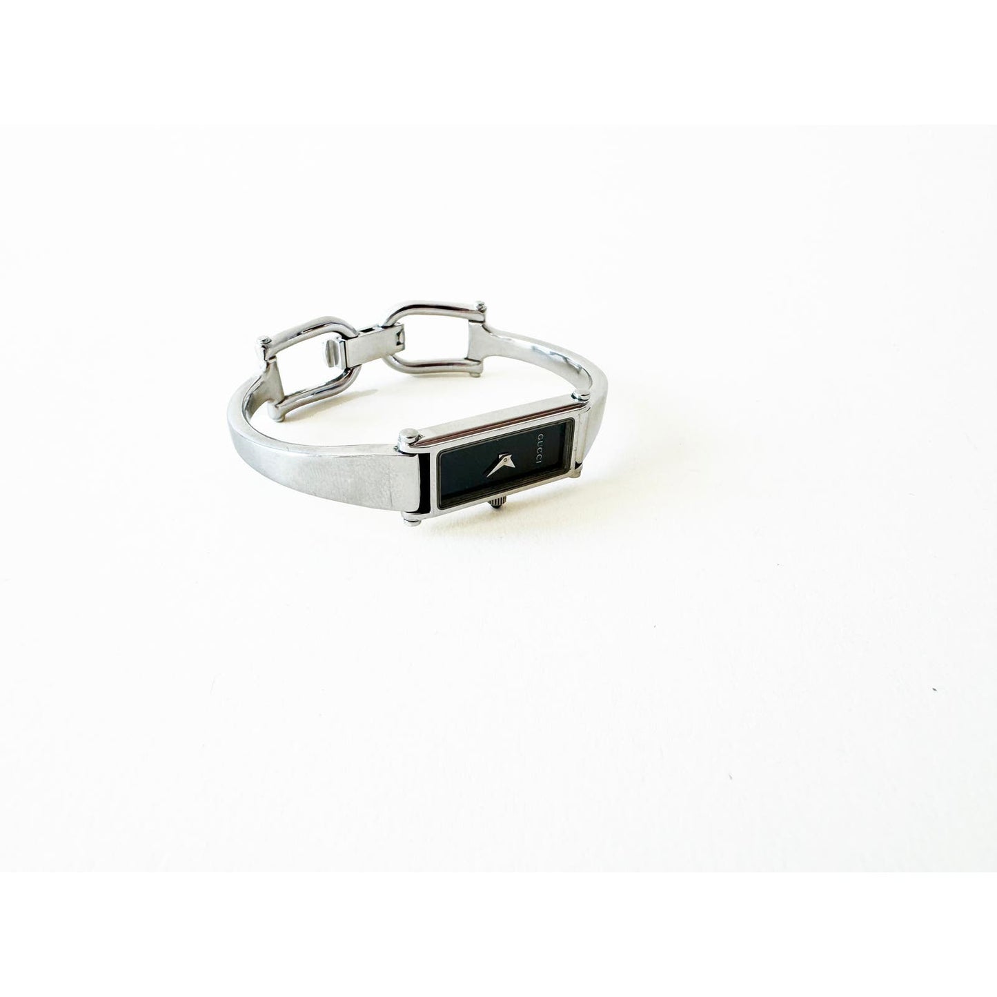 Vintage Gucci Silver Bracelet Watch with Black Rectangular Face