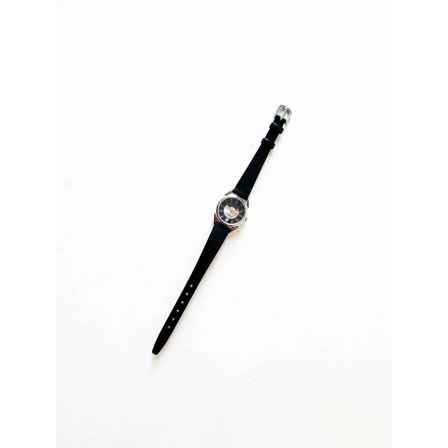 Vintage Leather Watch with Black Band and Silver Details and Sky | Peugeot