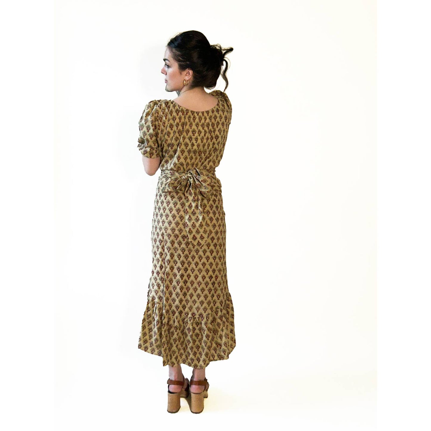 Hand Block Print Long Tan Maxi Dress