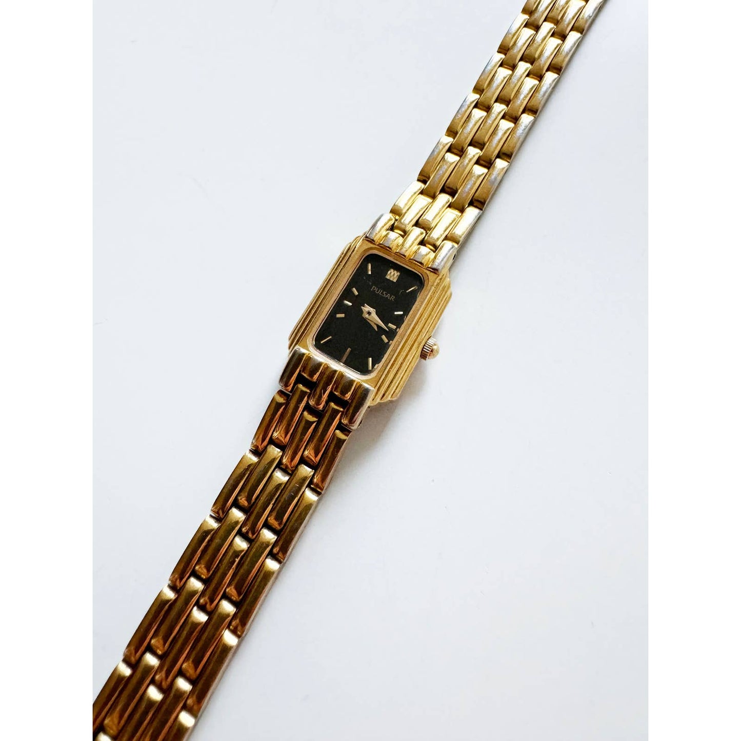 Vintage 90s Small Black and Gold Watch with Rectangular Face | Pulsar