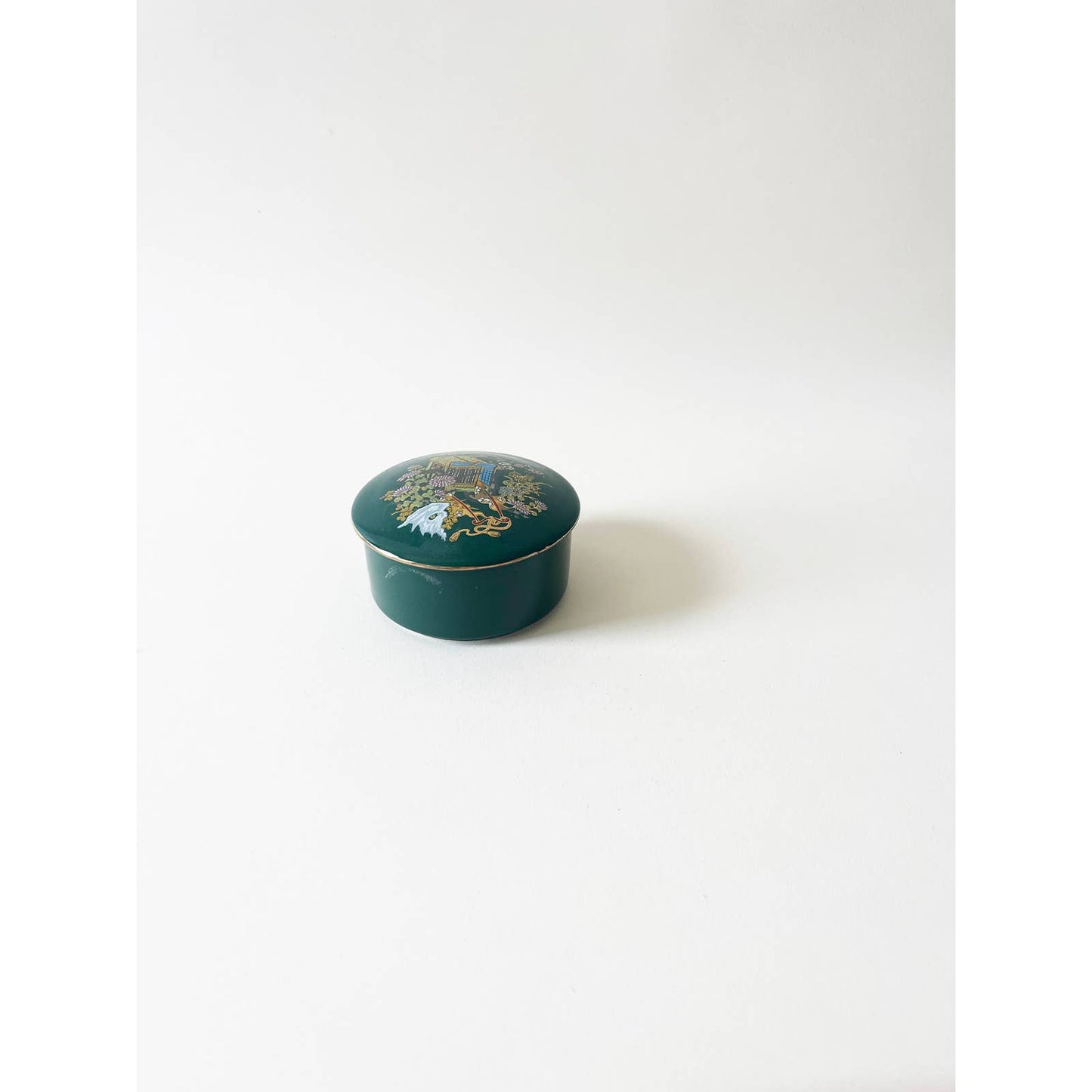 Vintage Green Ring Dish with Lid and Floral