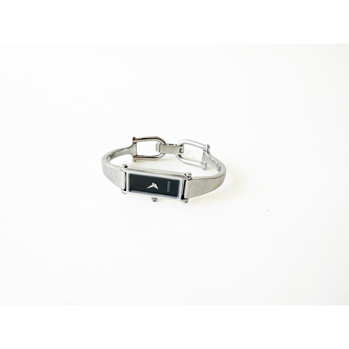 Vintage Gucci Silver Bracelet Watch with Black Rectangular Face