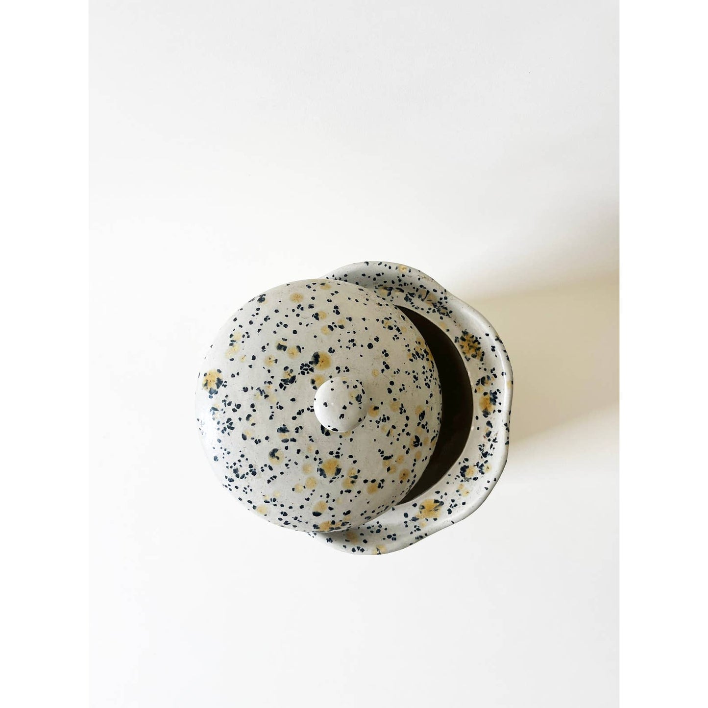 Vintage Black and Yellow Speckled Ceramic Jar, Mid Century Cookie Jar with Lid