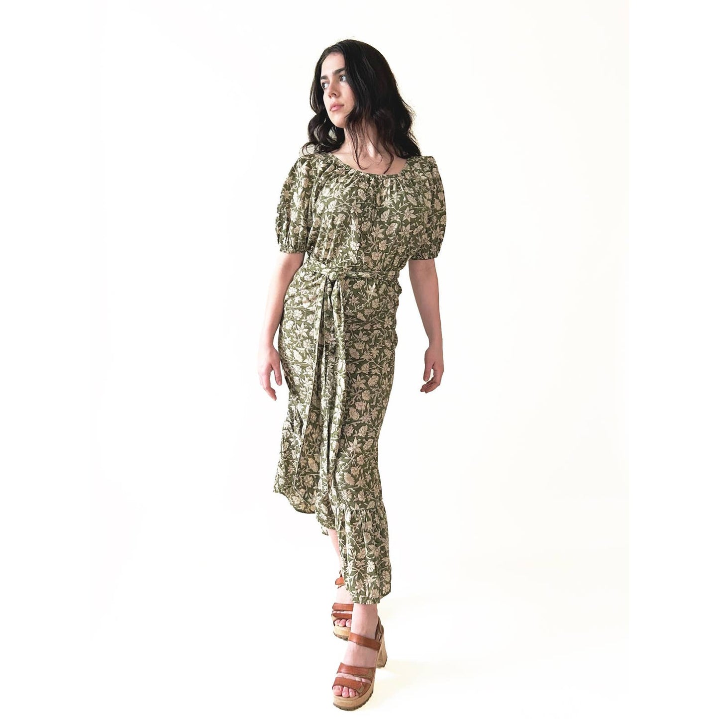 Block Print Puff Sleeve Long Green Maxi Dress