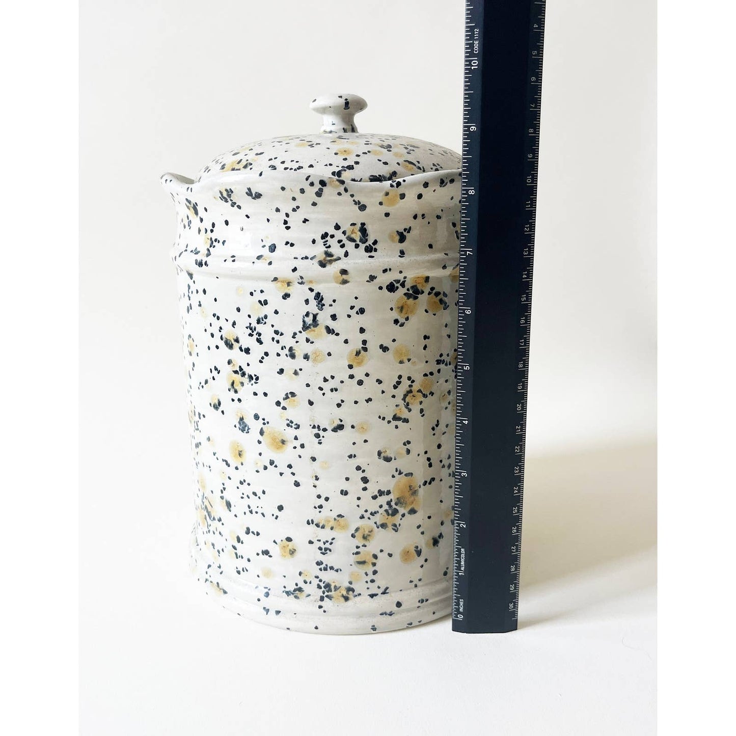 Vintage Black and Yellow Speckled Ceramic Jar, Mid Century Cookie Jar with Lid