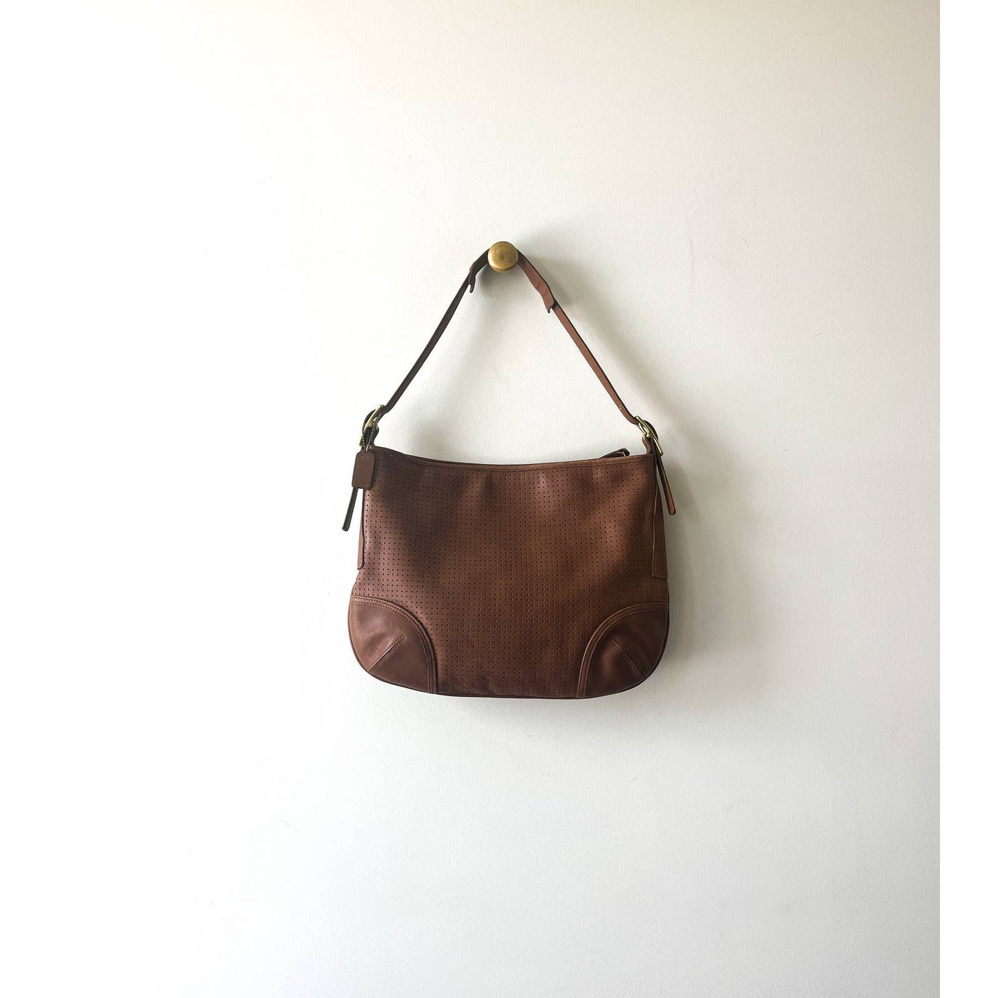 90s Vintage Carmel Brown Coach Leather Perforated Shoulder Bag