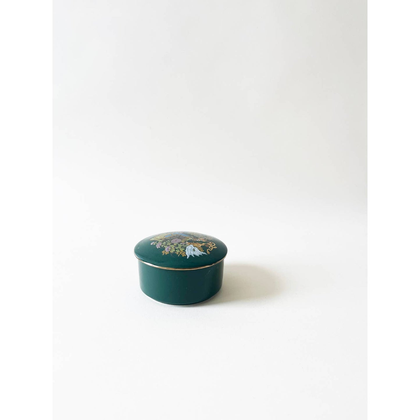 Vintage Green Ring Dish with Lid and Floral