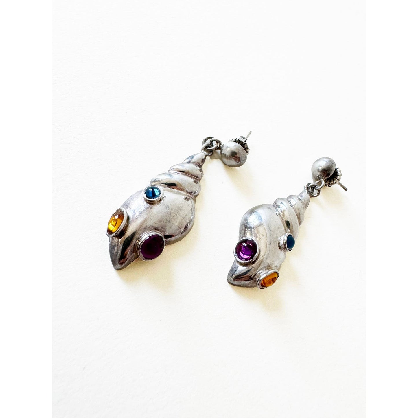 Vintage Rare Sterling Silver Shell Drop Earrings with Stones