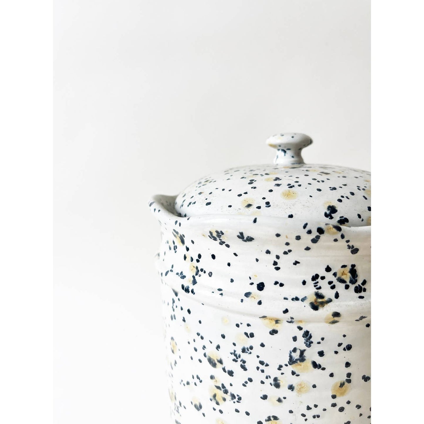 Vintage Black and Yellow Speckled Ceramic Jar, Mid Century Cookie Jar with Lid