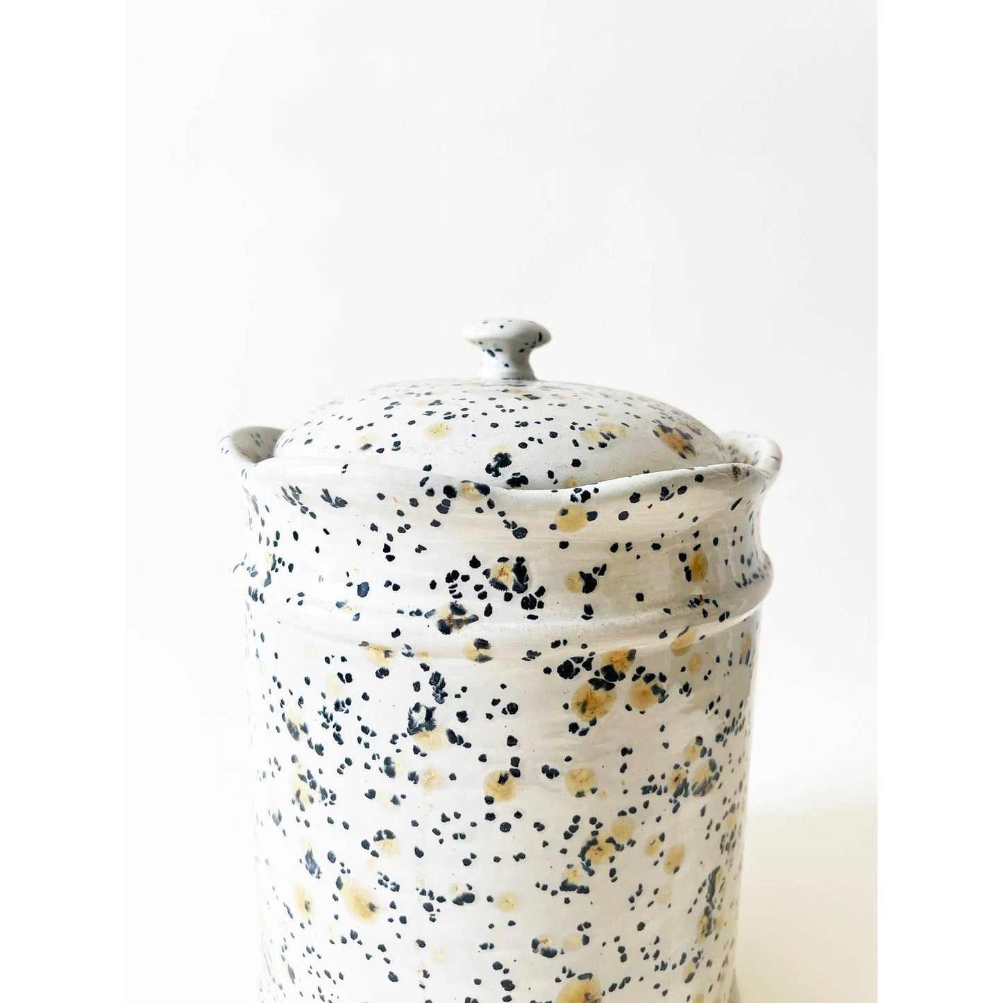 Vintage Black and Yellow Speckled Ceramic Jar, Mid Century Cookie Jar with Lid