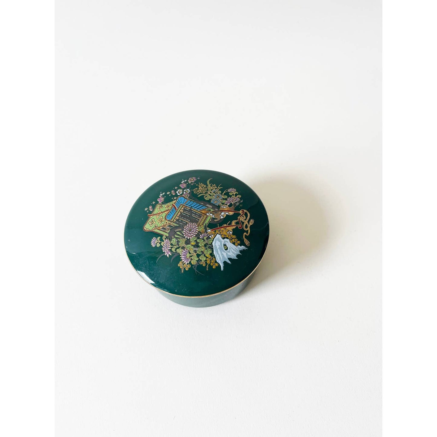 Vintage Green Ring Dish with Lid and Floral