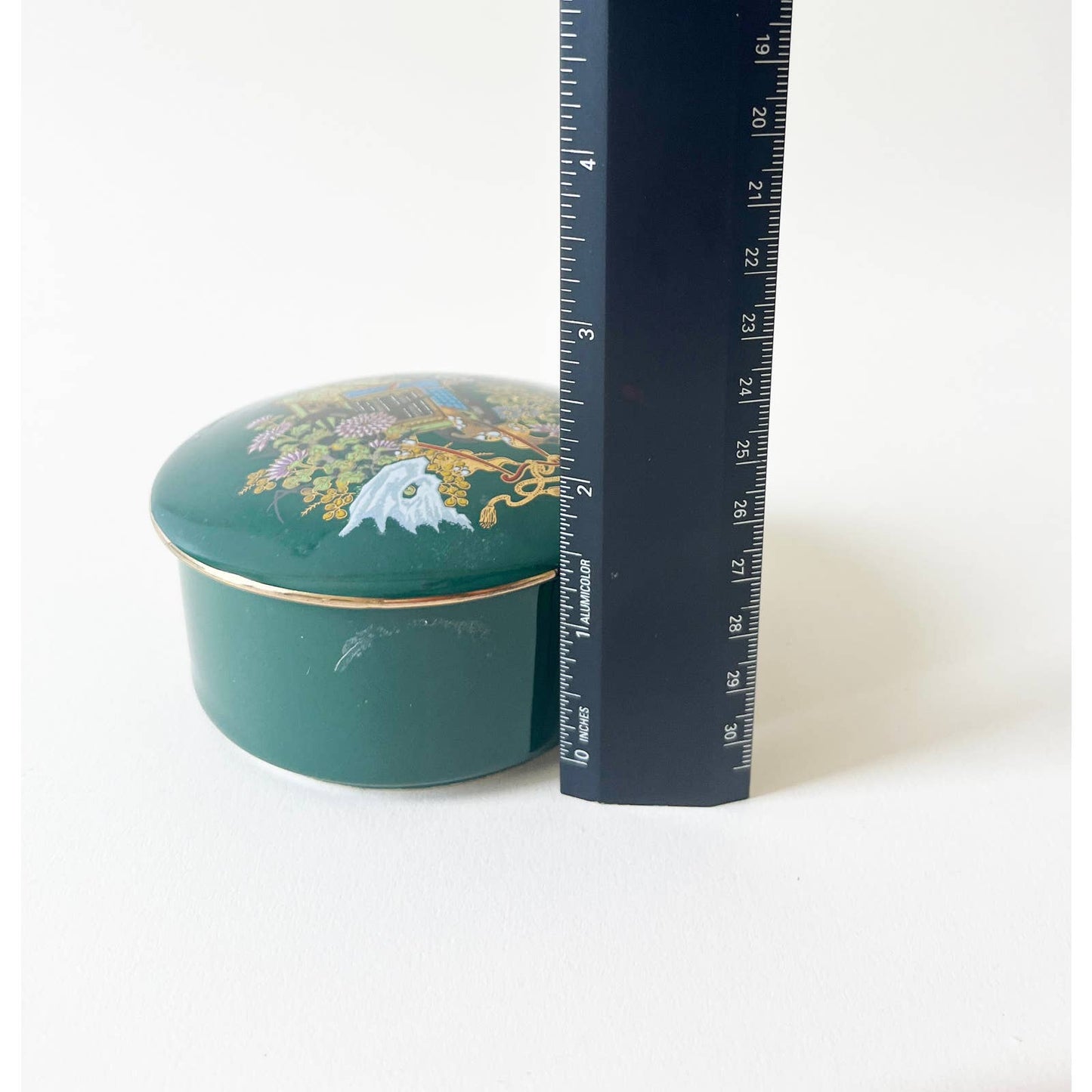 Vintage Green Ring Dish with Lid and Floral