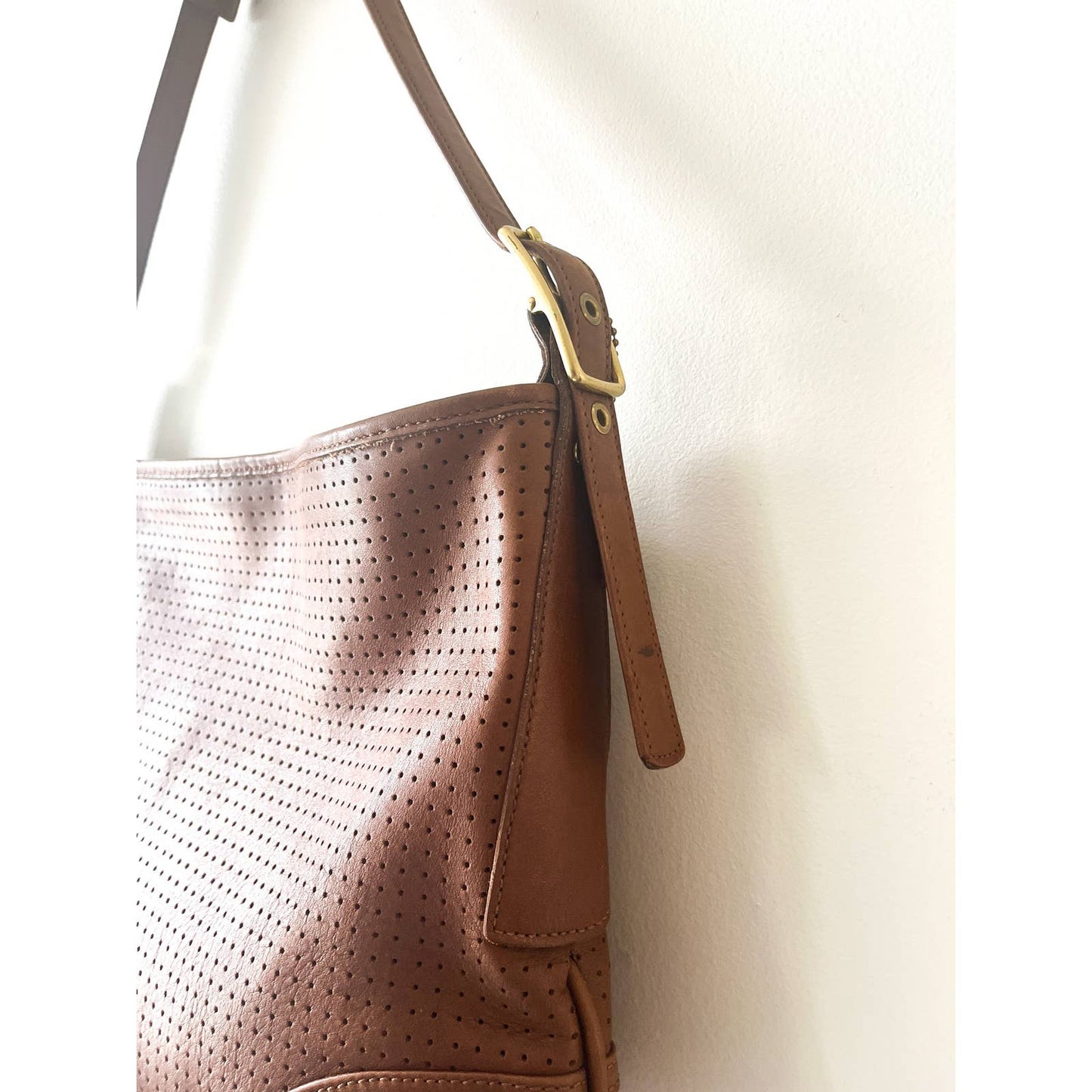 90s Vintage Carmel Brown Coach Leather Perforated Shoulder Bag