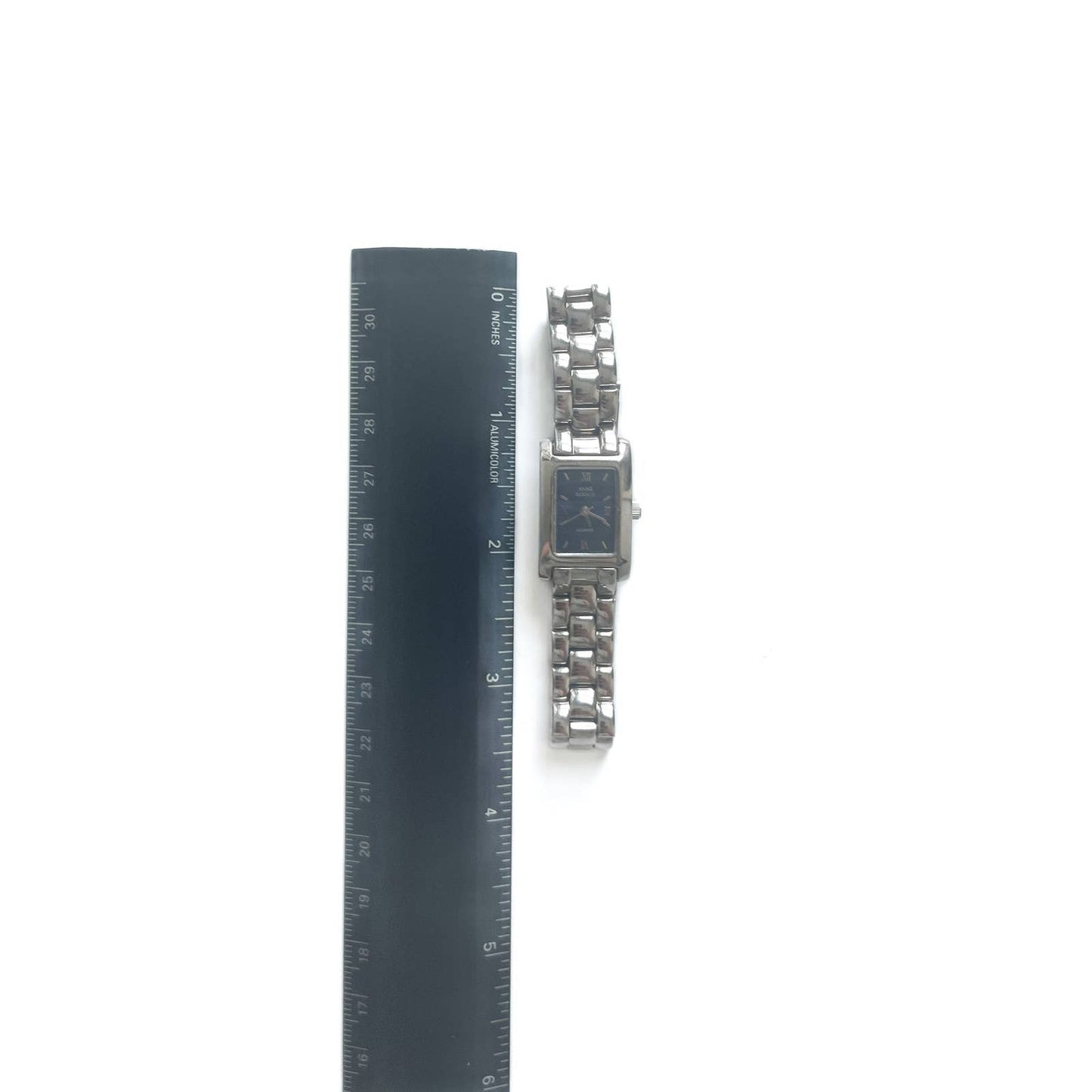 Silver Rectangular Watch with Navy Face