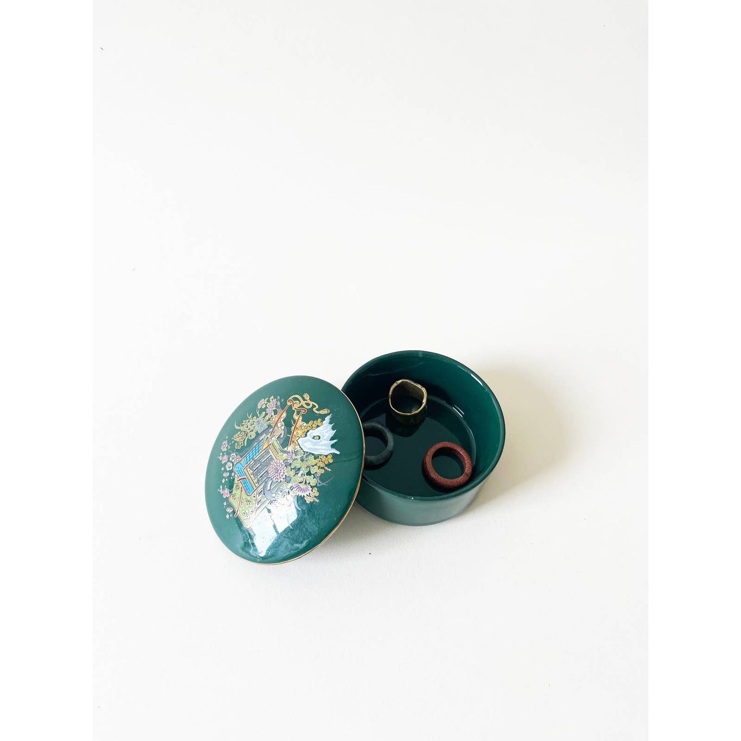 Vintage Green Ring Dish with Lid and Floral