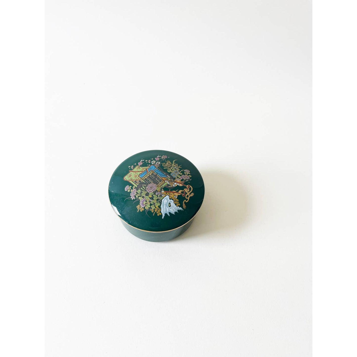 Vintage Green Ring Dish with Lid and Floral