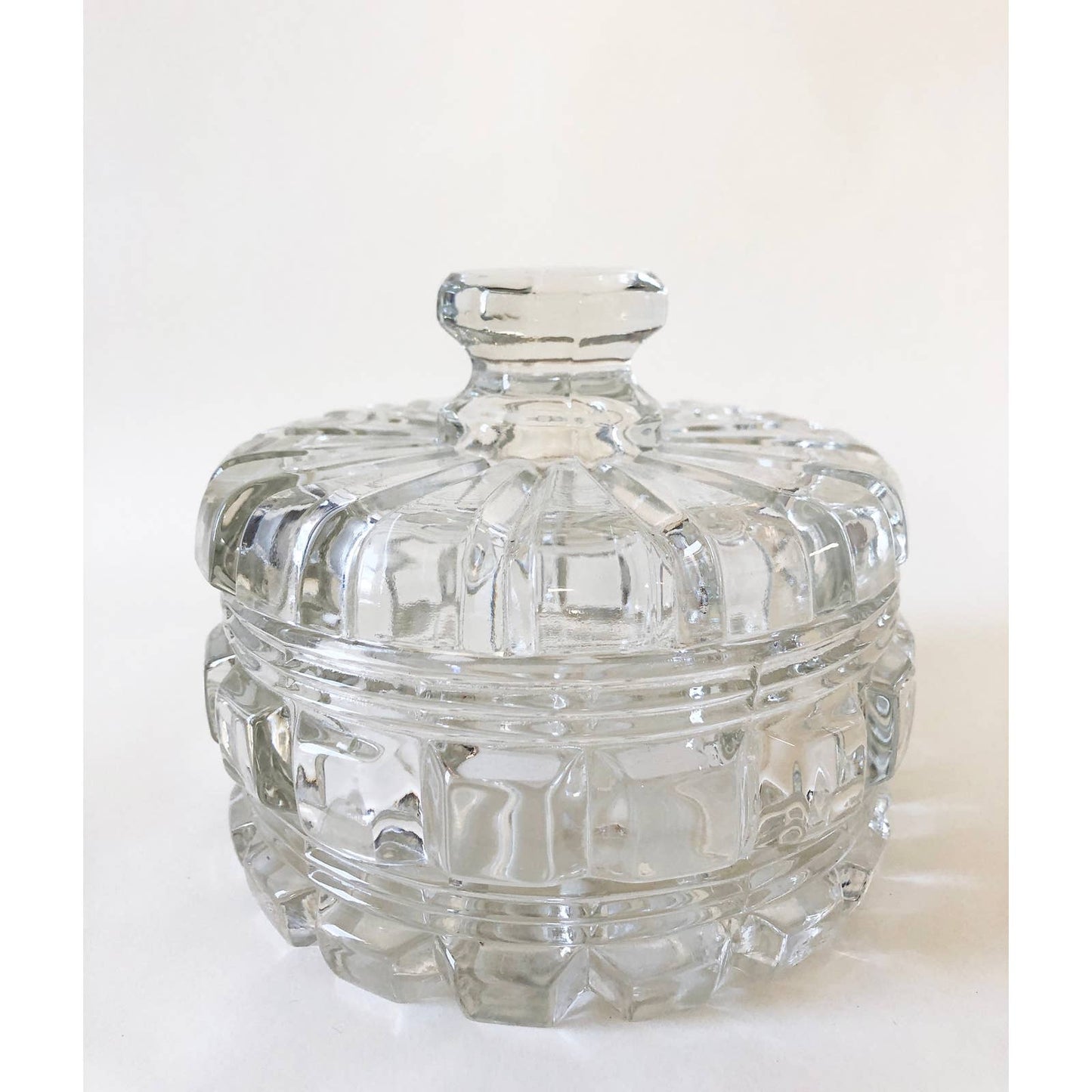 Vintage Clear Glass Diamond Catchall Dish with Lid