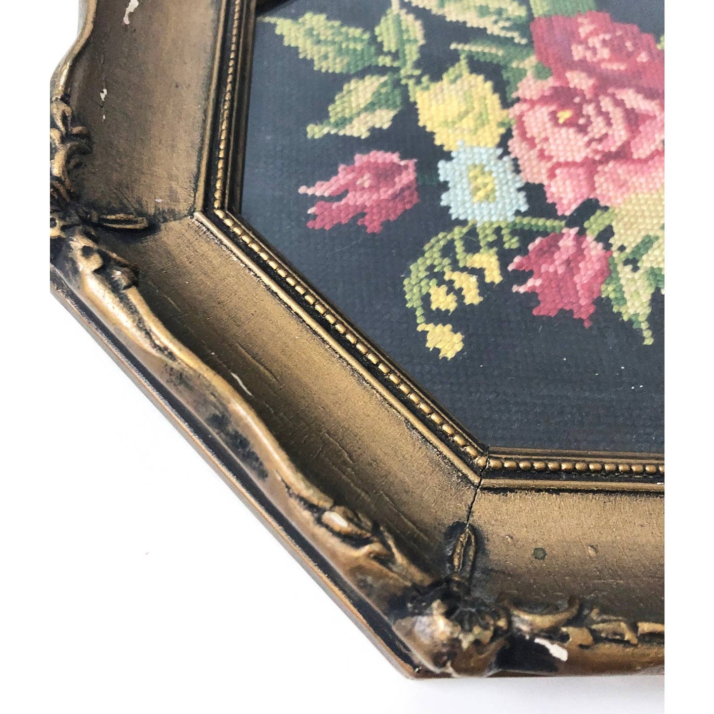 Vintage Octagon Framed Floral Needlepoint