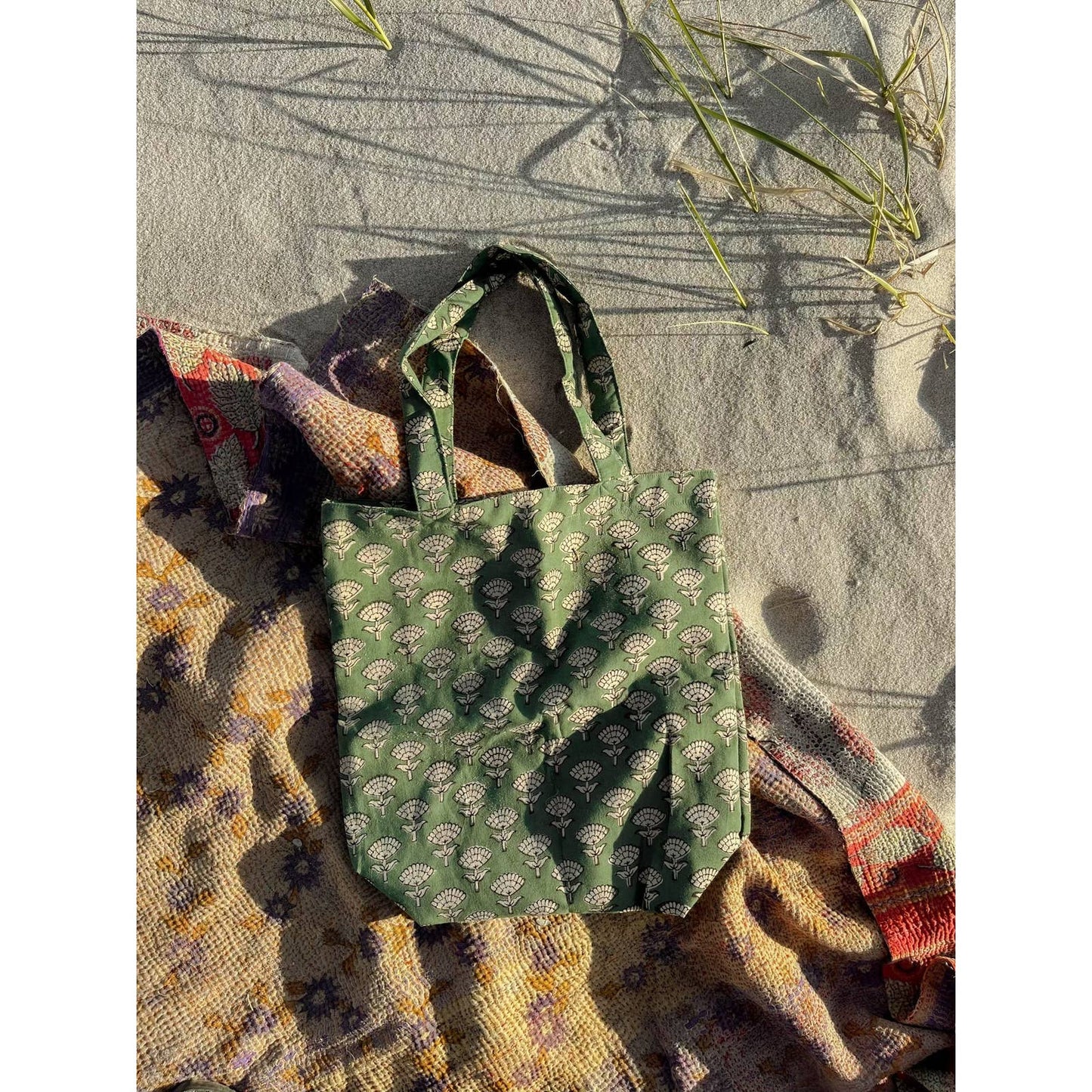 Green Flower Boho Print Tote Bag