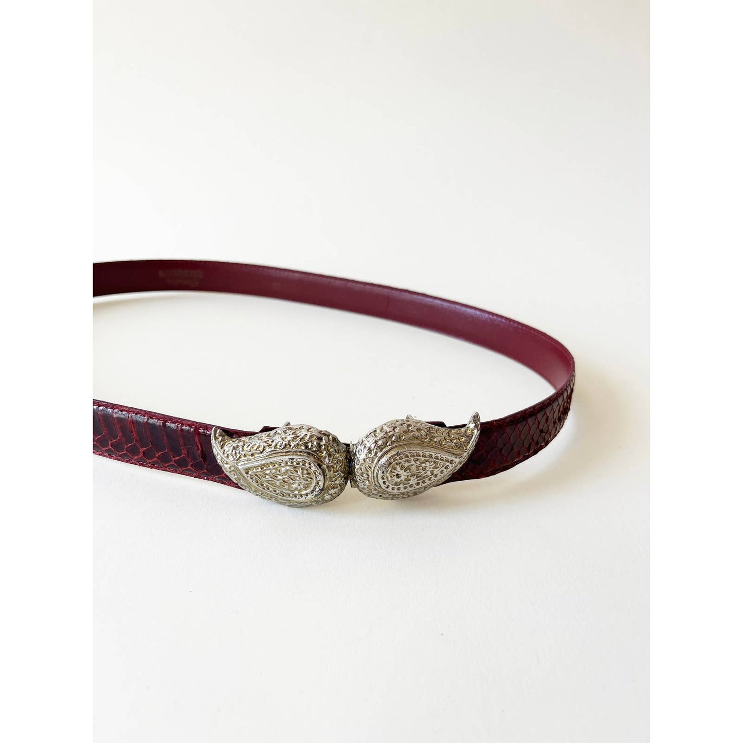 Vintage Red Leather Decorative Belt with Silver Paisley Design