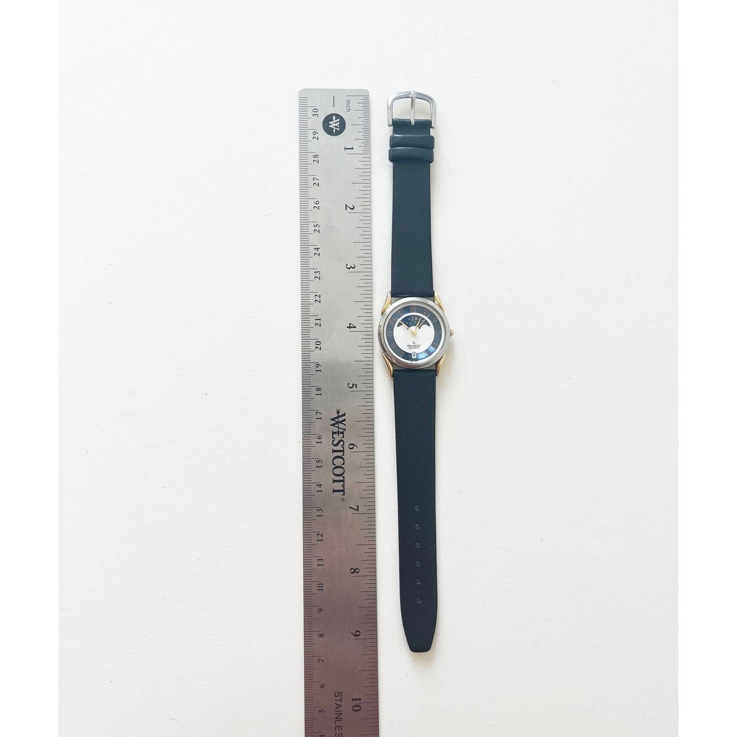 Vintage Leather Strap Peugeot Quartz Watch Moon