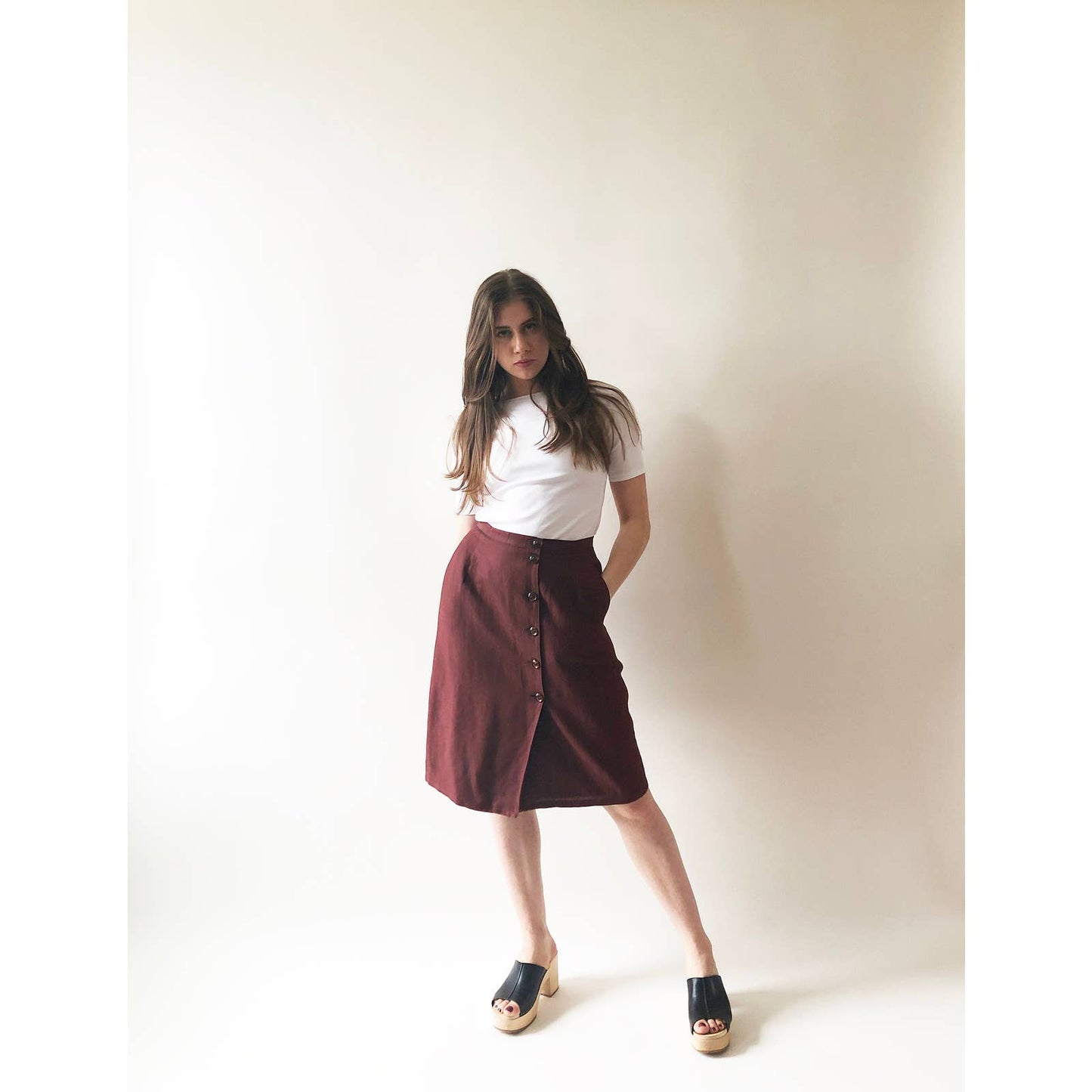 Vintage Button Wrap Plum Linen Skirt