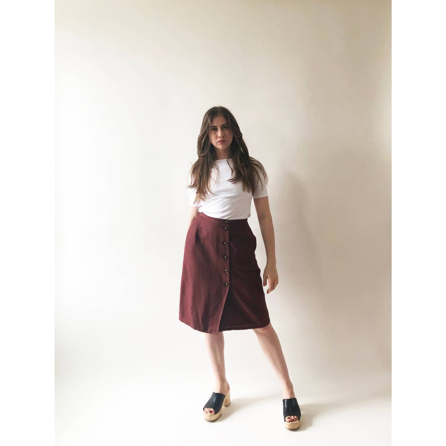 Vintage Button Wrap Plum Linen Skirt