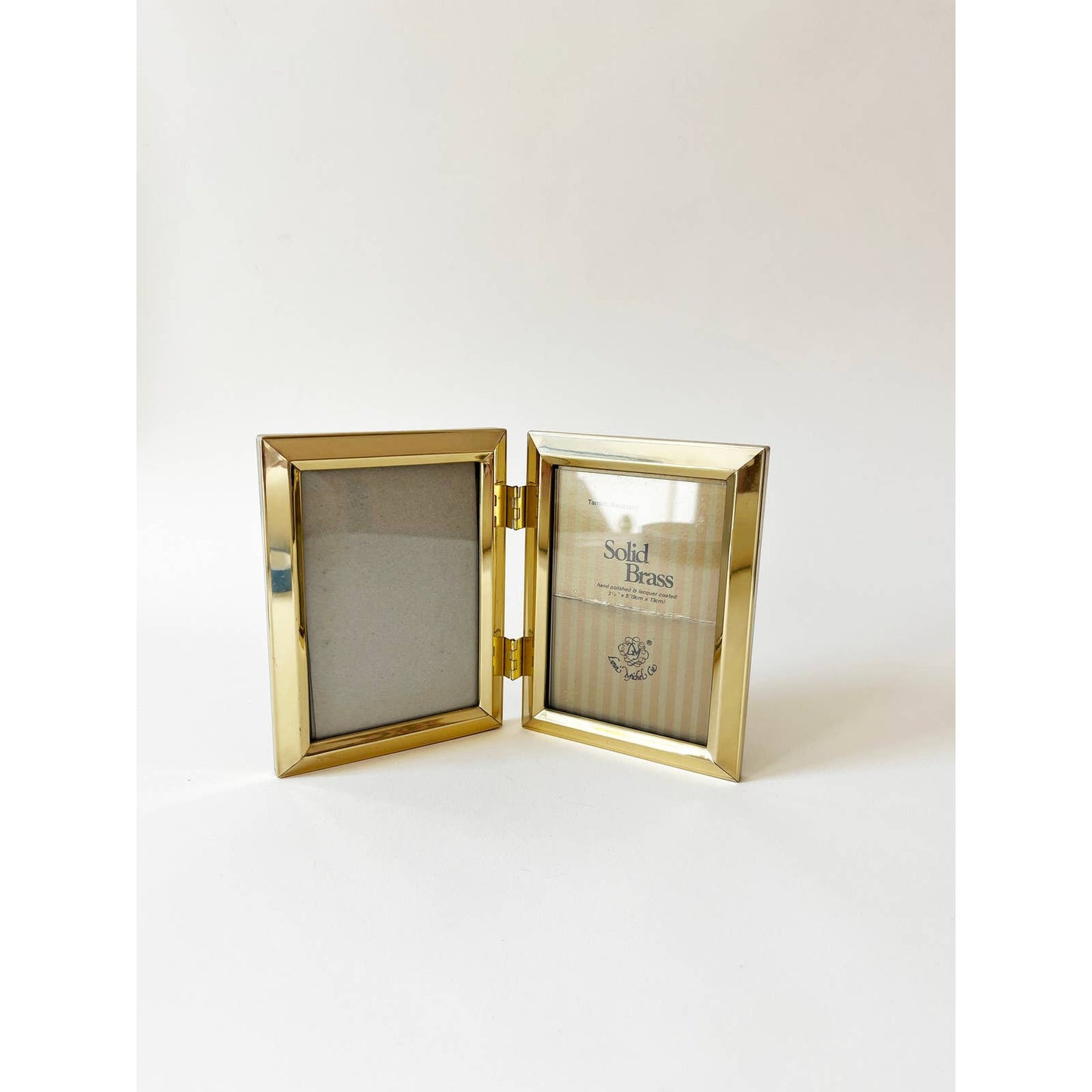 Vintage Small Brass Thick Edge Standing Double Frame 3 x 5 Picture