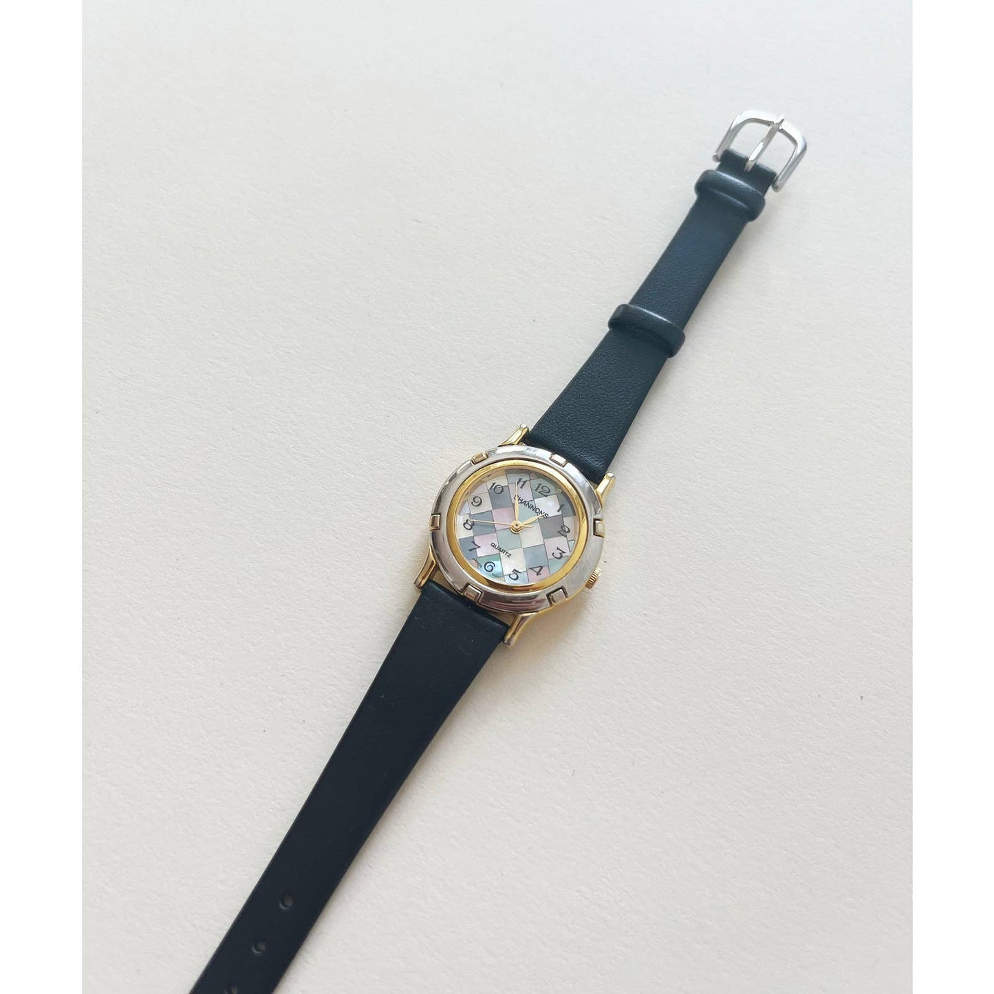 Vintage Colorful Checkered Leather Watch with Gold and Silver
