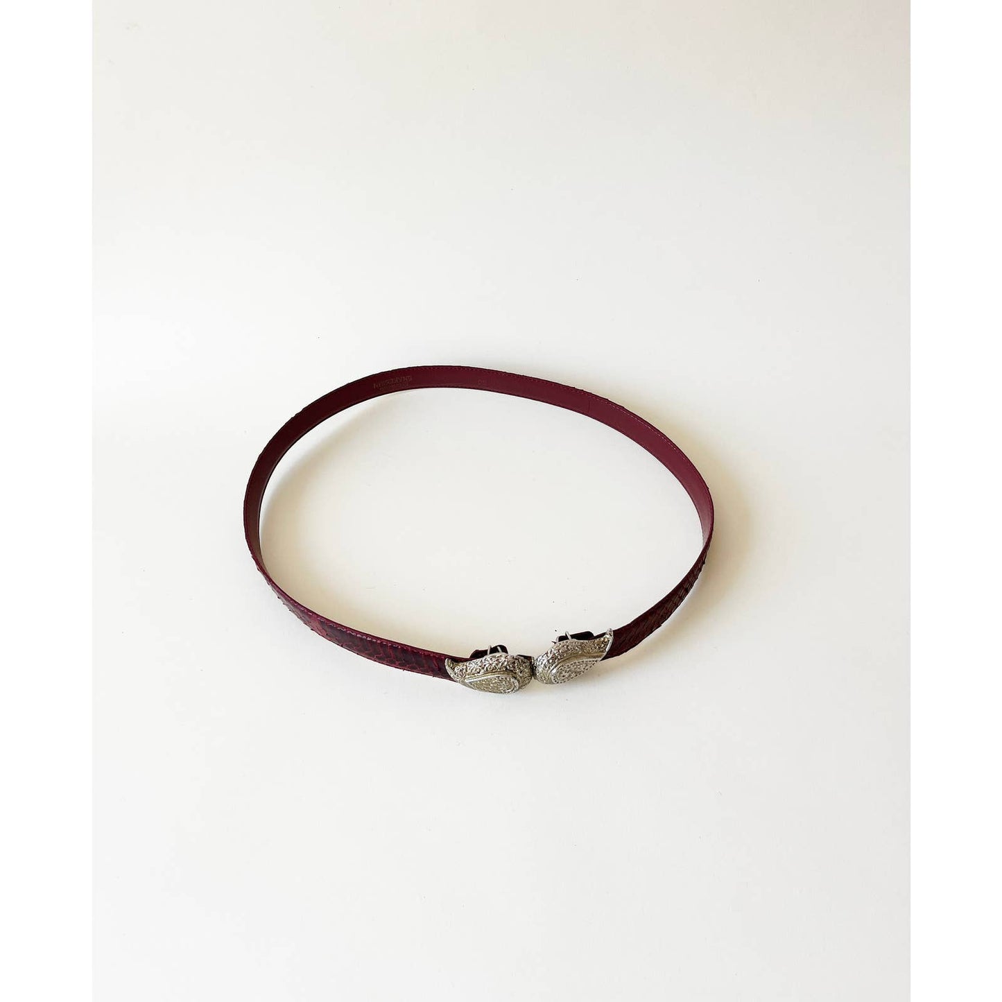 Vintage Red Leather Decorative Belt with Silver Paisley Design