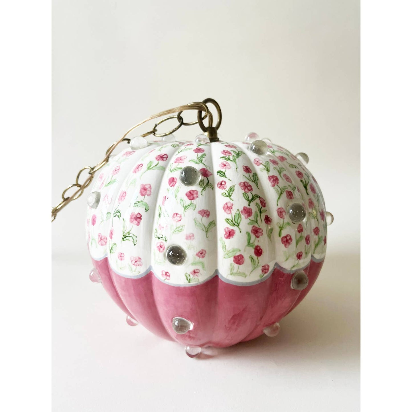 Vintage Handpainted Floral Pink Lamp with Clear Marbles