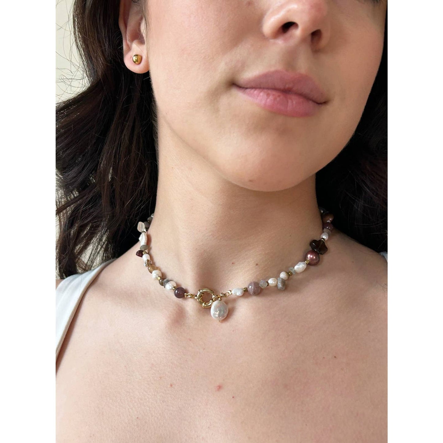 Handmade Freshwater Pearl and Crystal Stone Eclectic Necklace