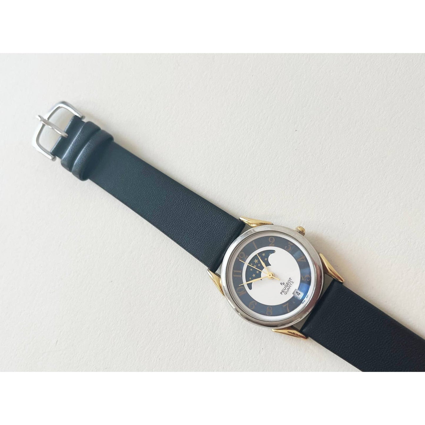 Vintage Leather Strap Peugeot Quartz Watch Moon