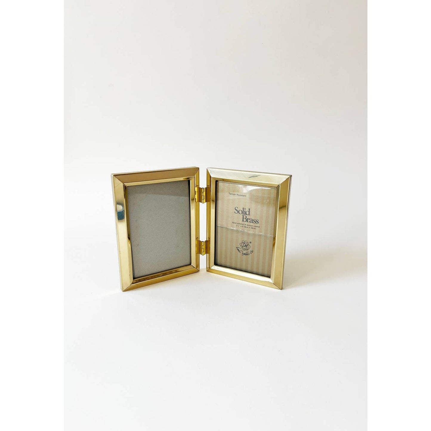 Vintage Small Brass Thick Edge Standing Double Frame 3 x 5 Picture