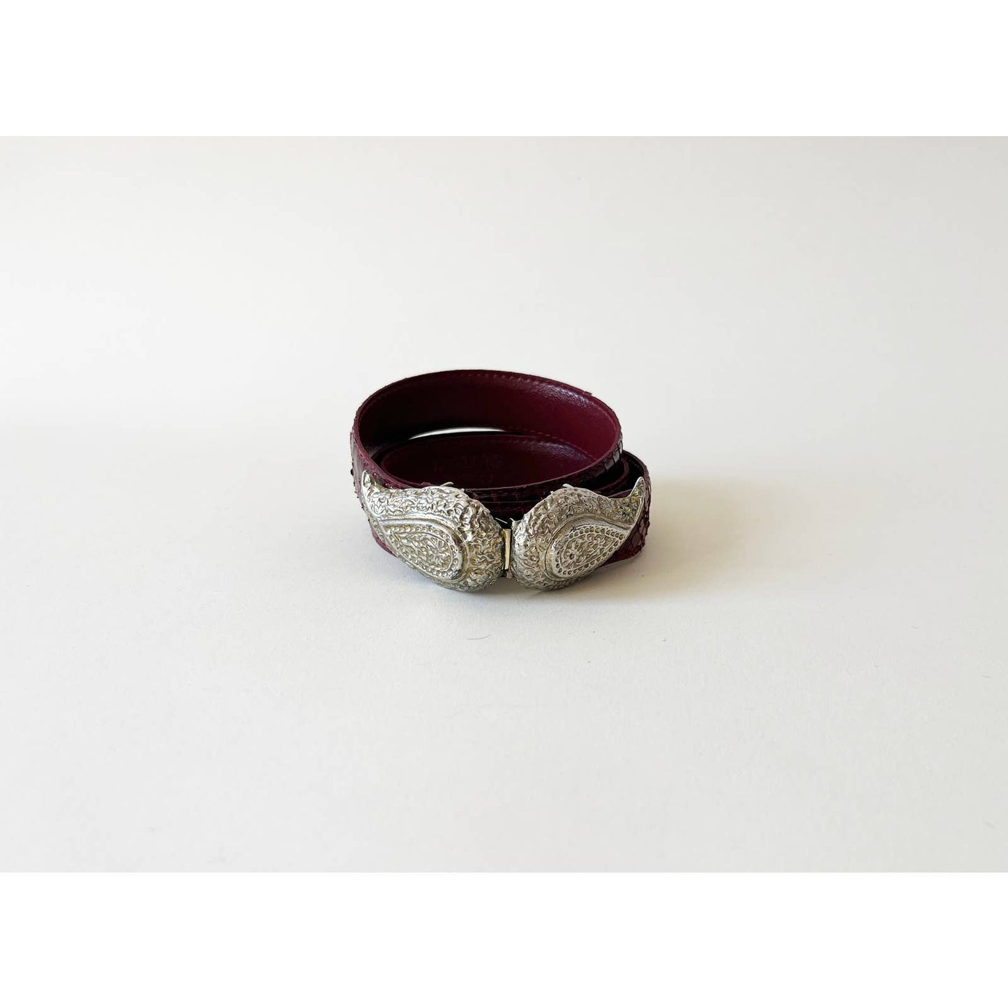 Vintage Red Leather Decorative Belt with Silver Paisley Design