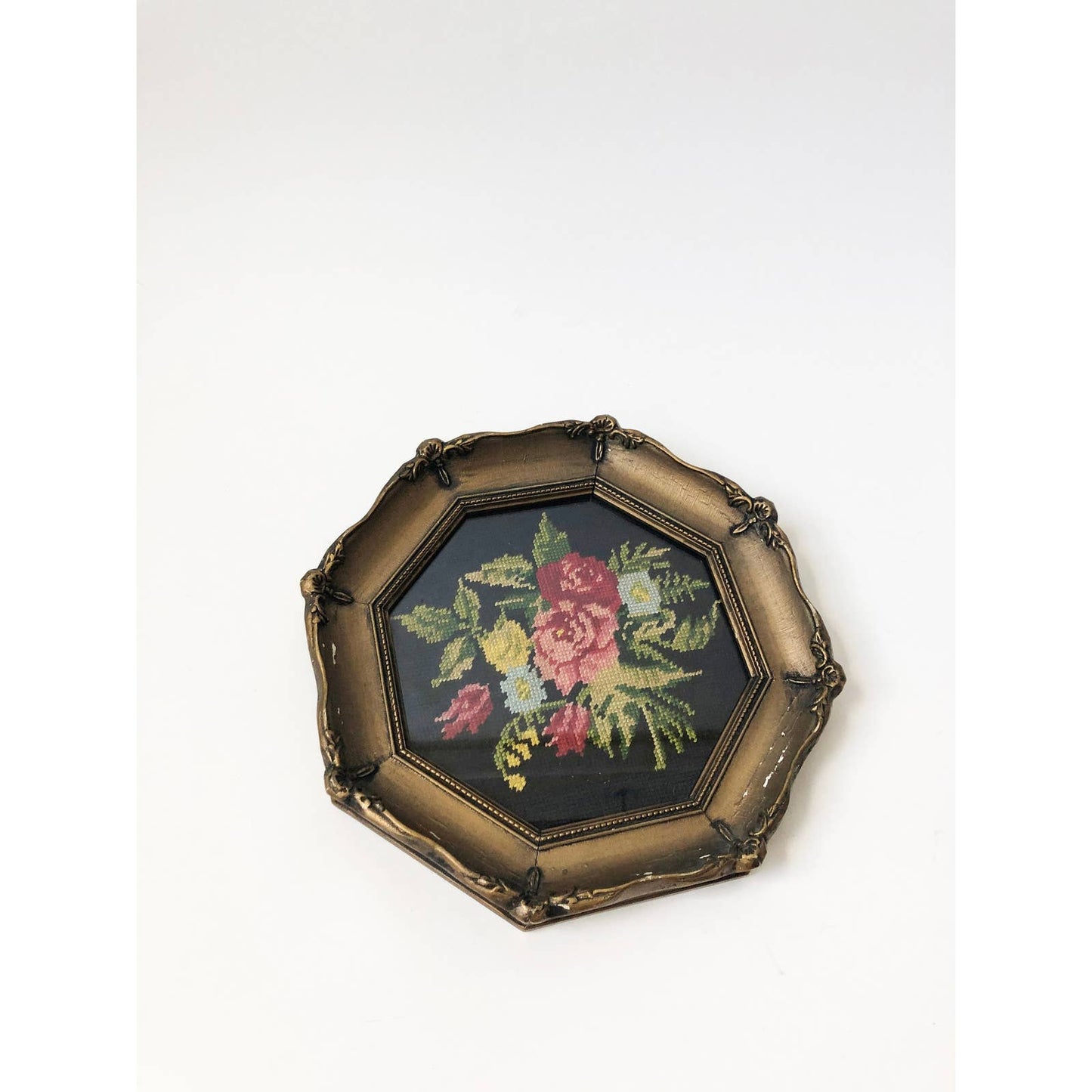 Vintage Octagon Framed Floral Needlepoint