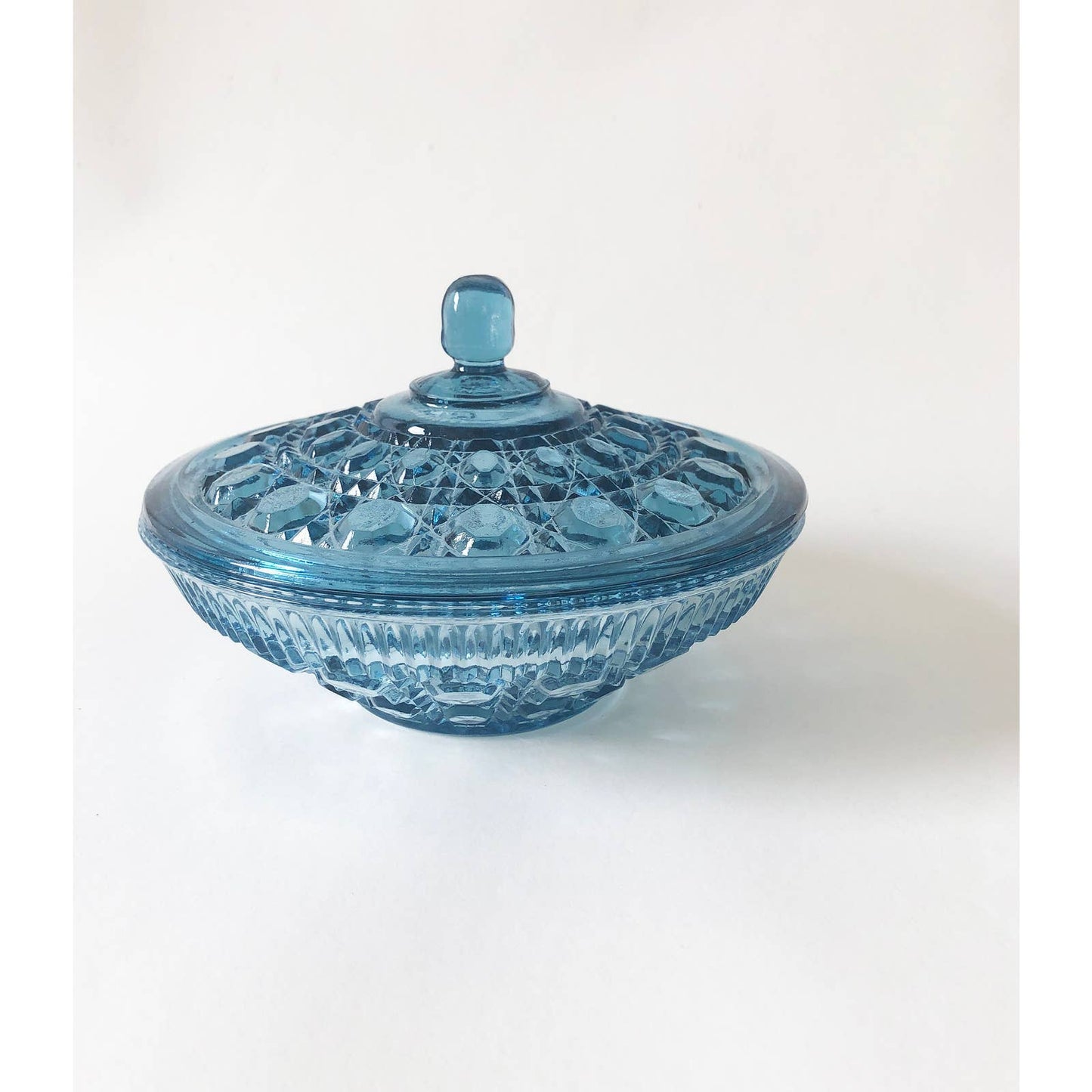 Vintage Light Blue Pressed Glass Catchall Bowl with Lid