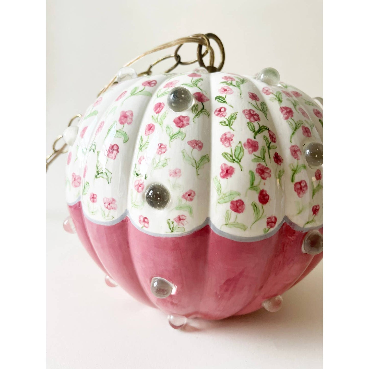 Vintage Handpainted Floral Pink Lamp with Clear Marbles